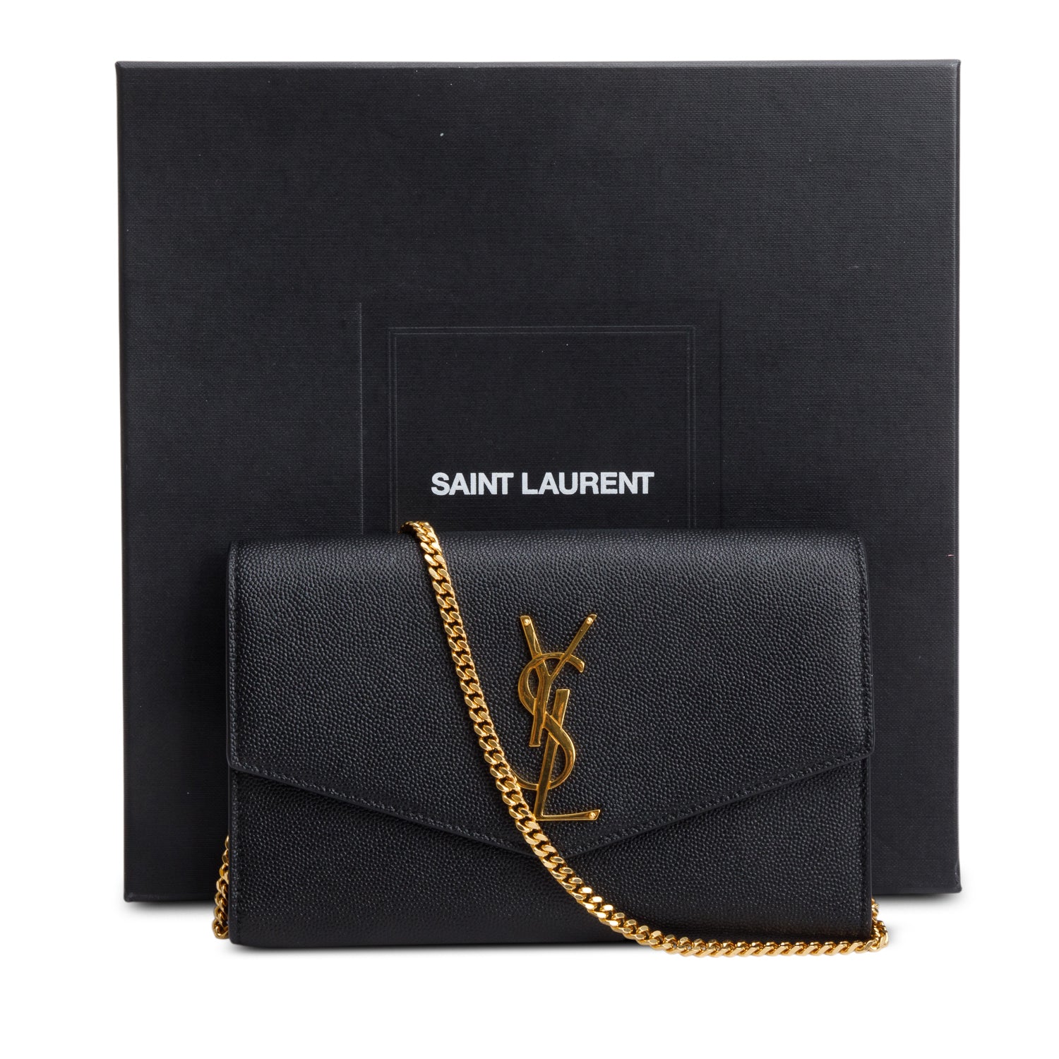 Saint Laurent 2022 Black Grain De Poudre Leather Uptown Chain Wallet w/ Insert & Box