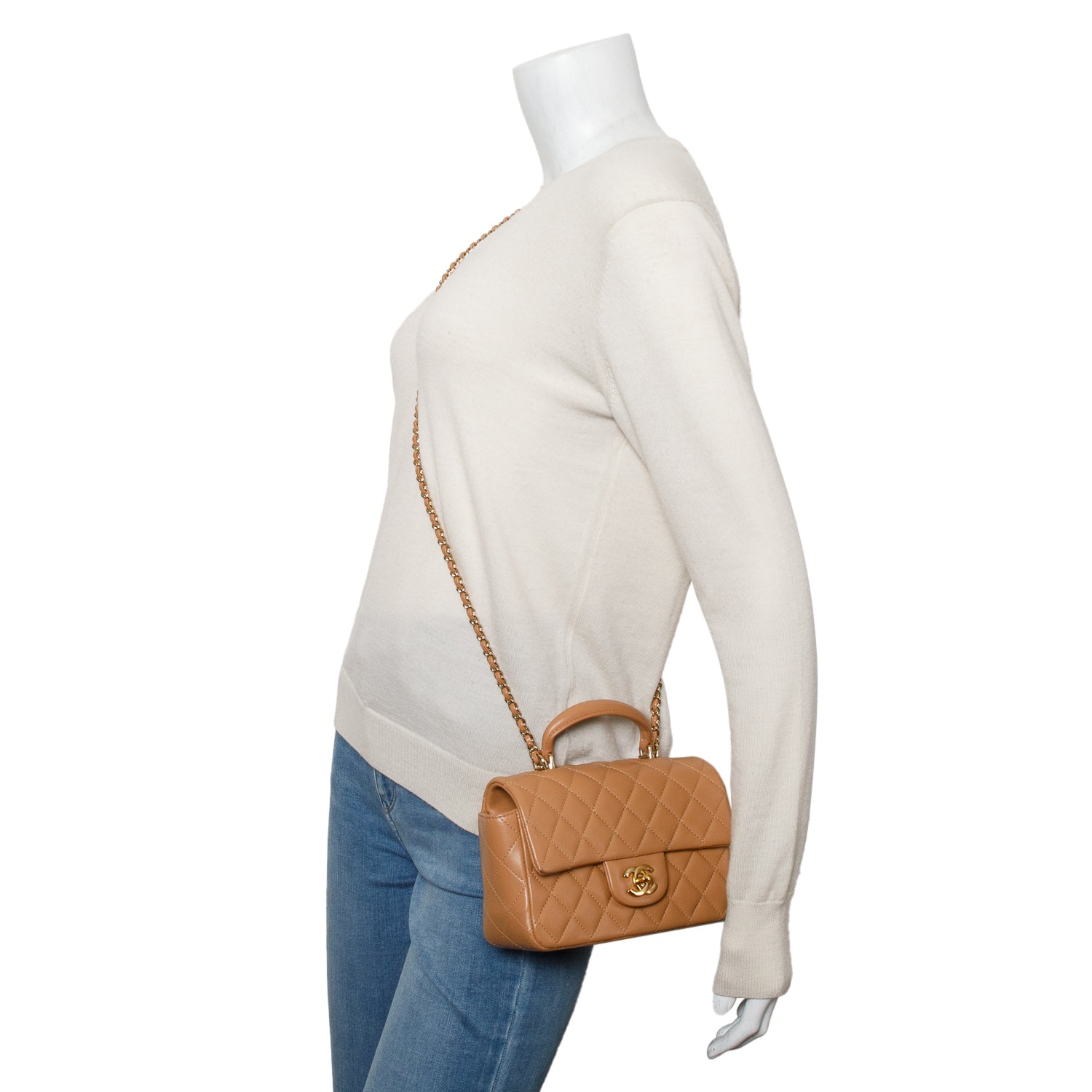 Chanel Brown Lambskin Quilted Mini Top Handle Rectangular Flap