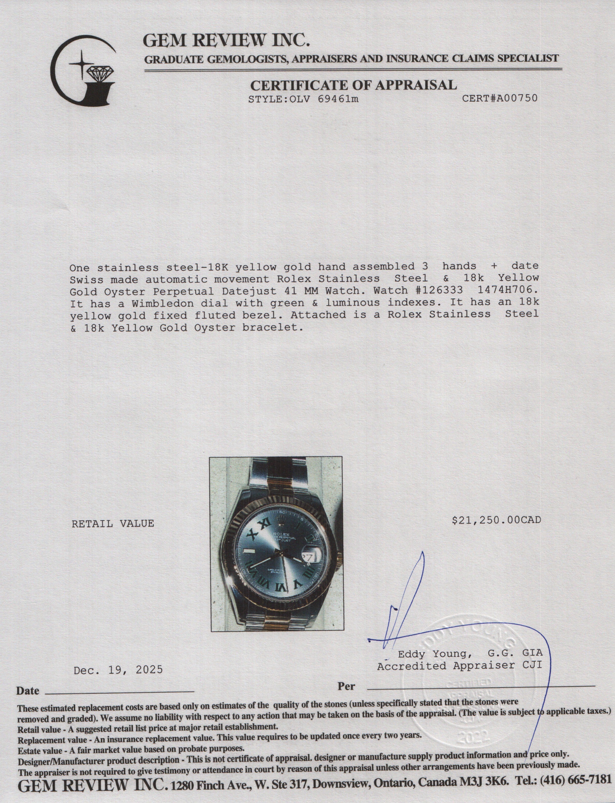 Rolex Stainless Steel & 18k Yellow Gold Datejust 41 MM Automatic Watch Wimbledon Dial 126333 w/ Box & Papers