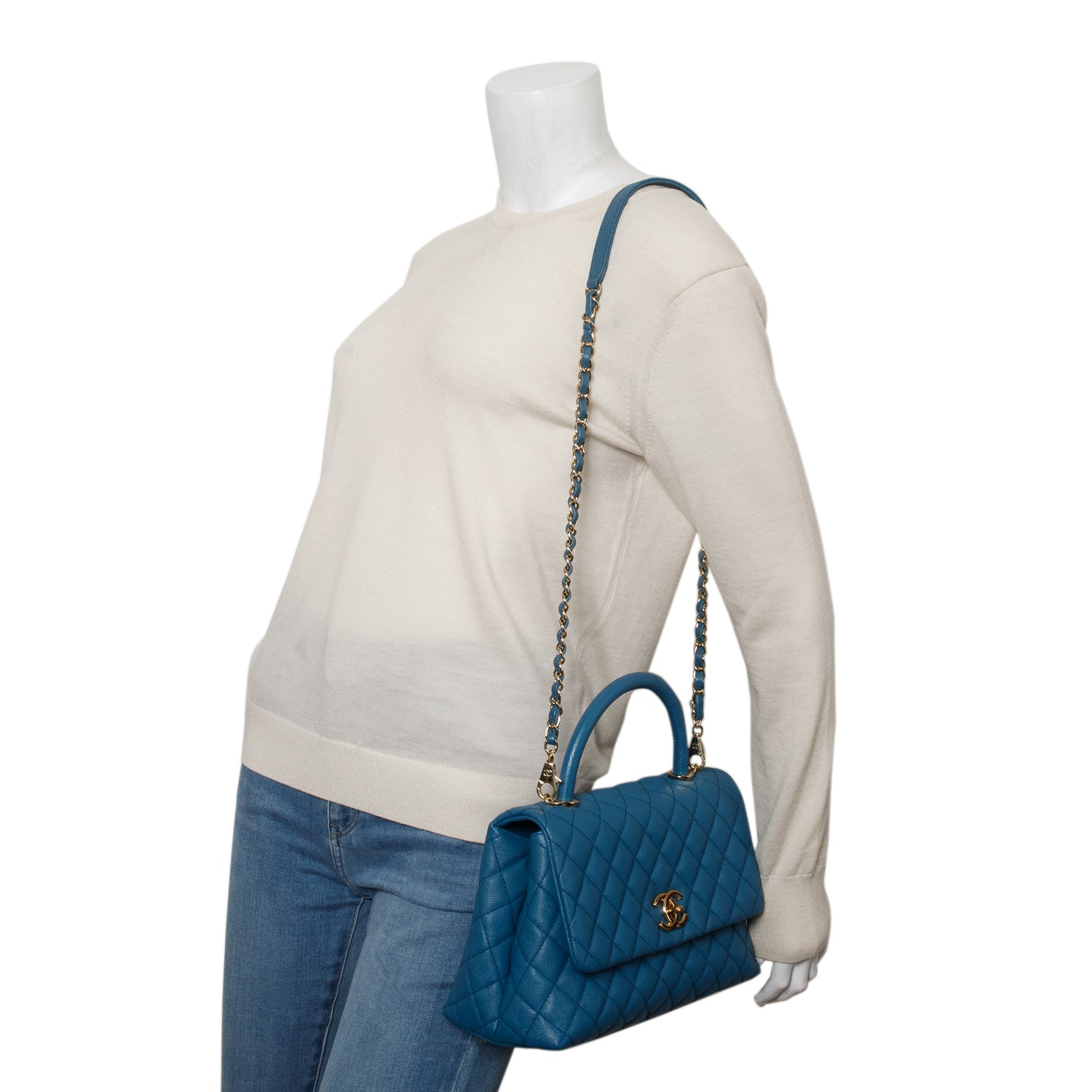Chanel Blue Quilted Caviar Leather Medium Coco Handle Bag w/ Strap, Box, Receipt & Authenticity Card