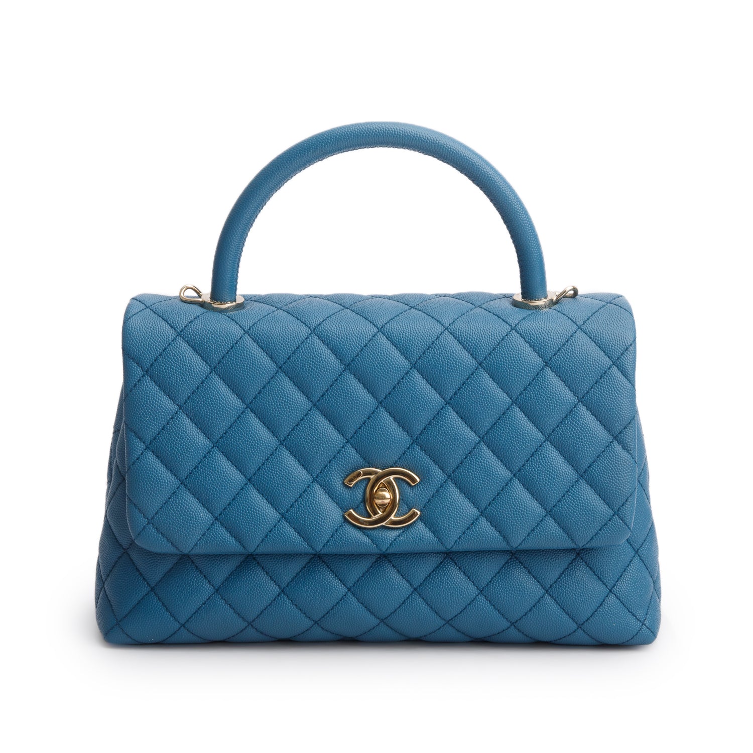 Chanel Blue Quilted Caviar Leather Medium Coco Handle Bag w/ Strap, Box, Receipt & Authenticity Card