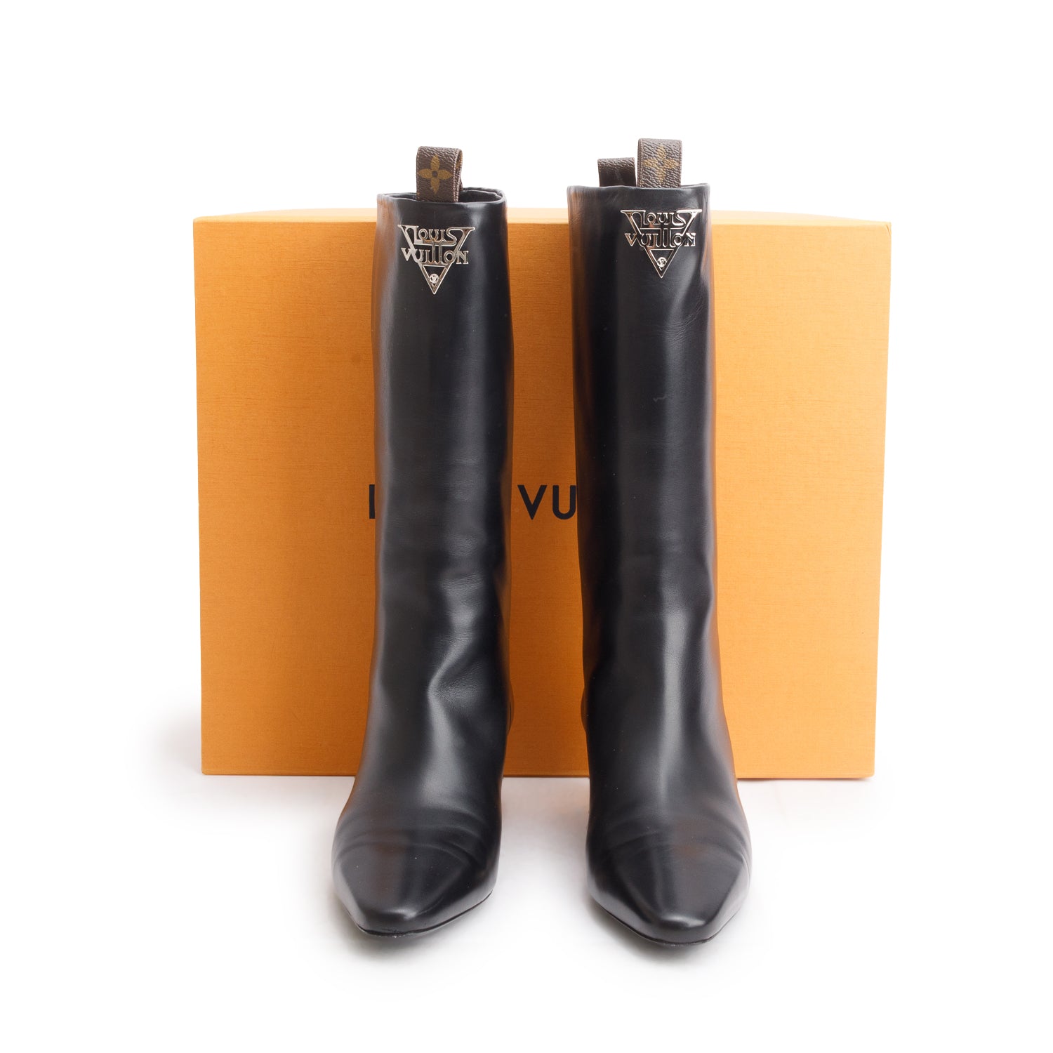 Louis Vuitton Black Leather Monogram High Boots, Size 39 w/ Box