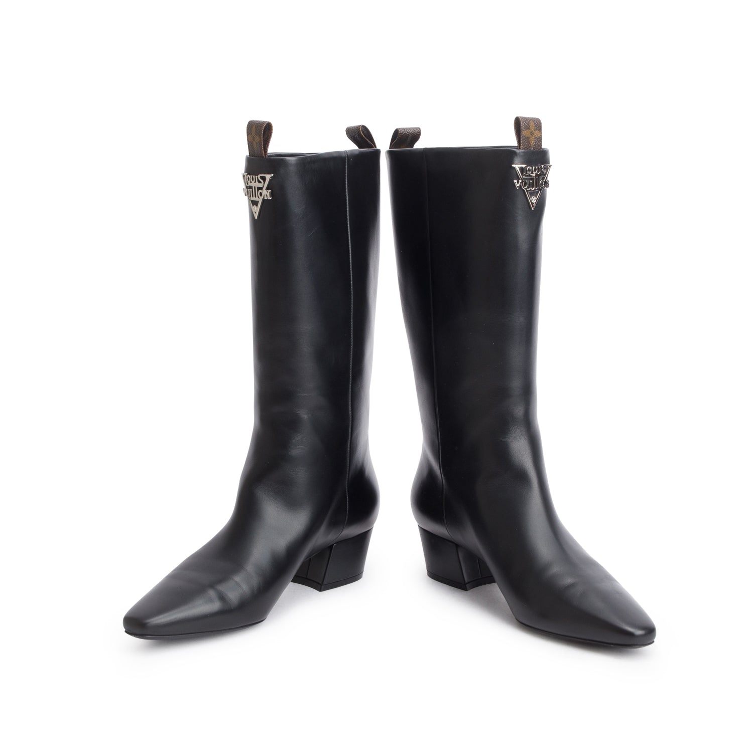 Louis Vuitton Black Leather Monogram High Boots, Size 39 w/ Box