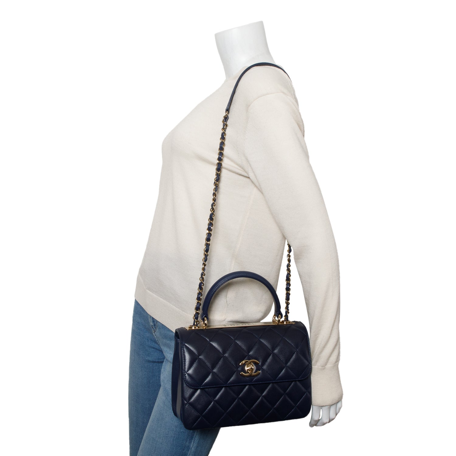 Chanel Navy Lambskin Quilted Small Trendy Top Handle Bag w/ Box