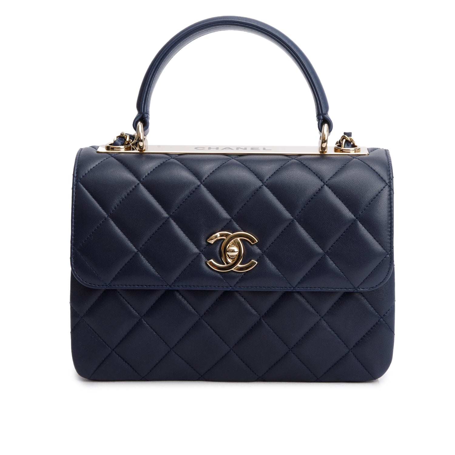Chanel Navy Lambskin Quilted Small Trendy Top Handle Bag w/ Box