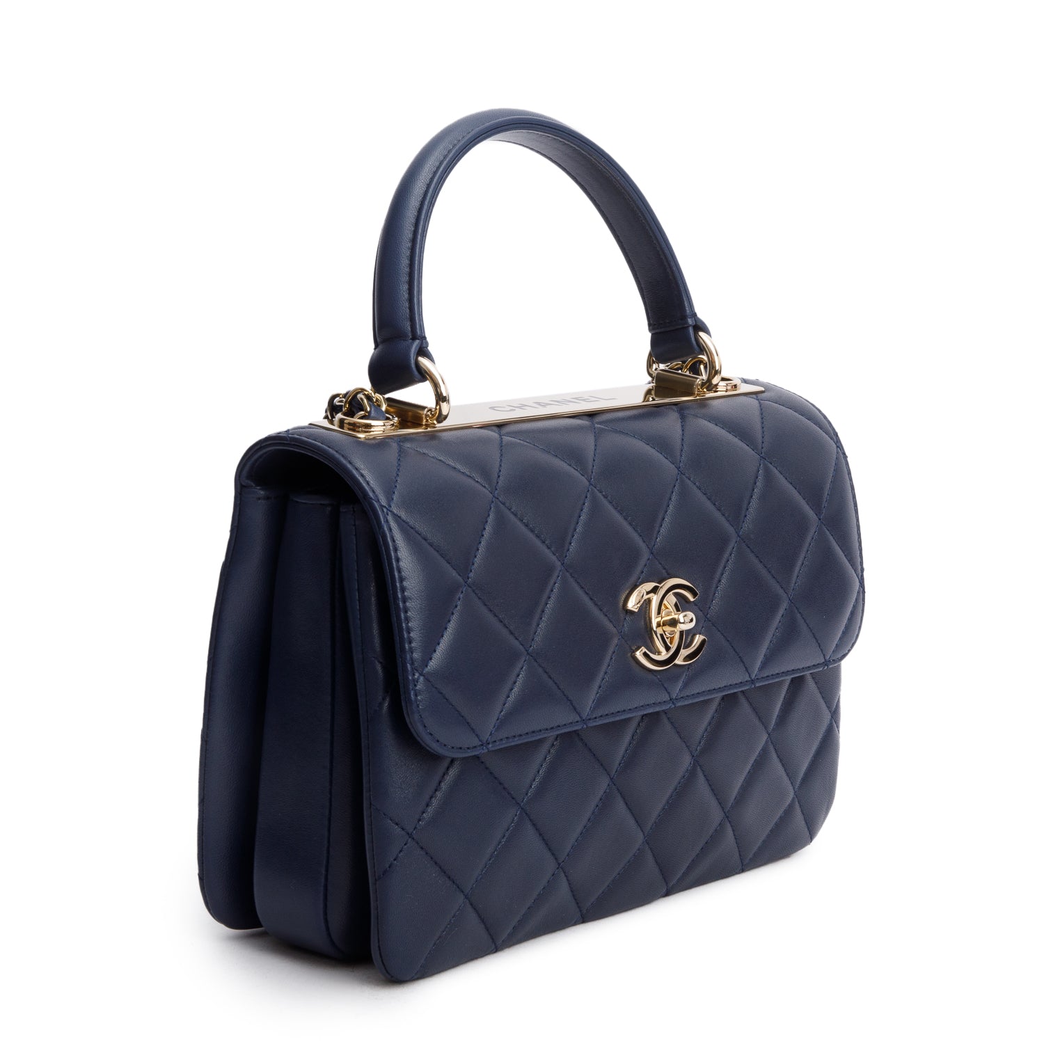 Chanel Navy Lambskin Quilted Small Trendy Top Handle Bag w/ Box