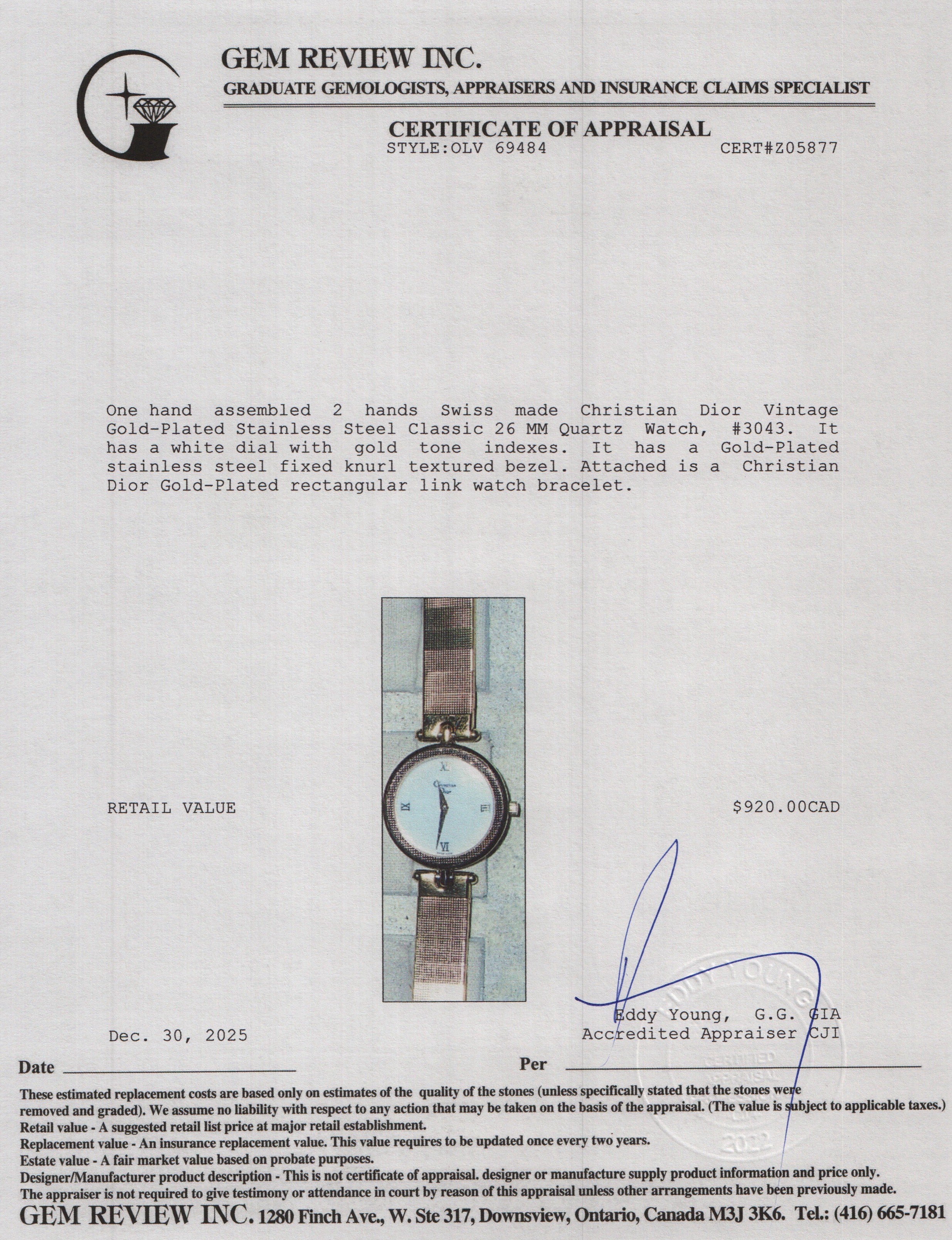 Christian Dior Vintage Gold-Plated Stainless Steel Classic 26 MM Quartz Watch White Dial