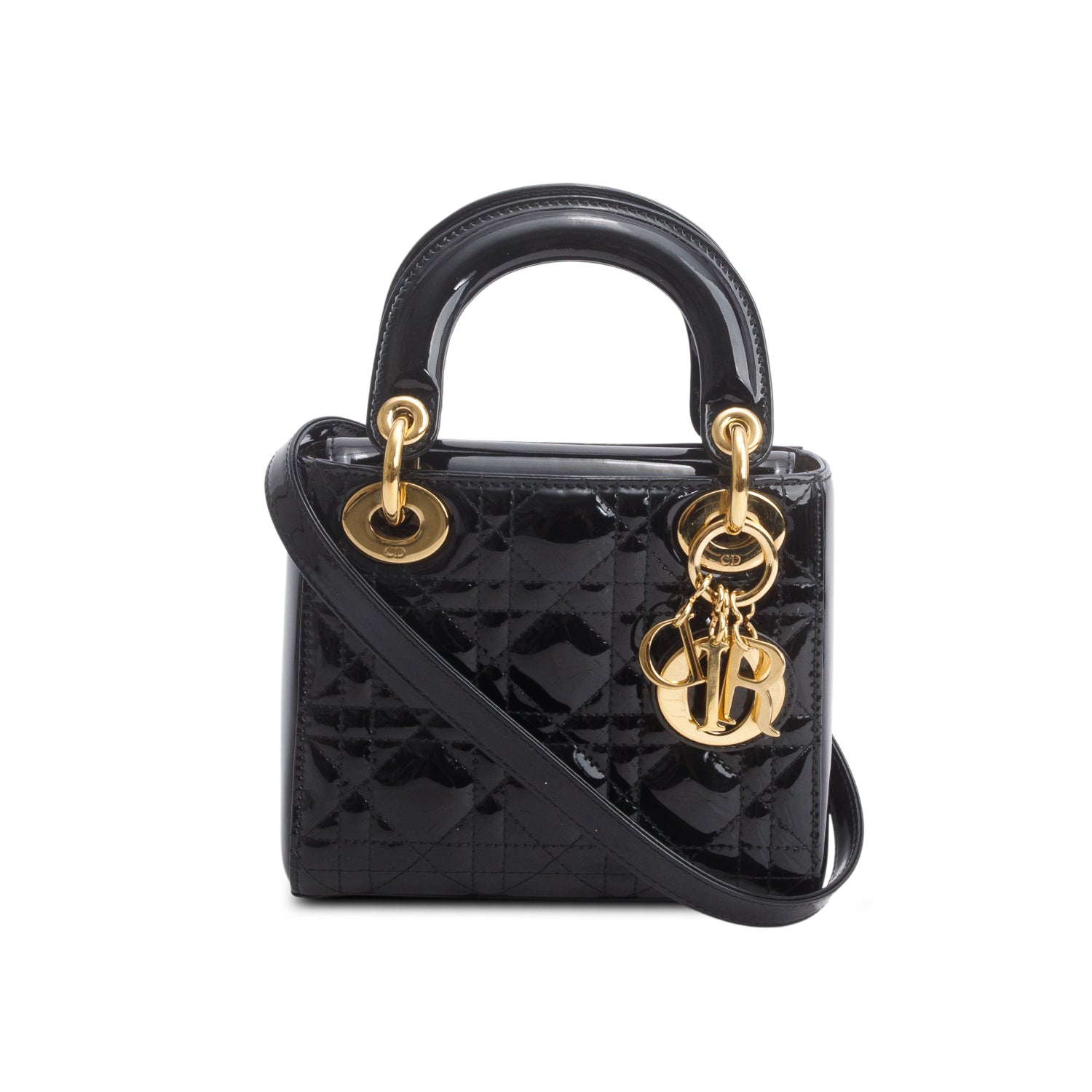 Christian Dior Black Cannage Patent Leather Mini Lady Dior Bag w/ Authenticity Card & Strap