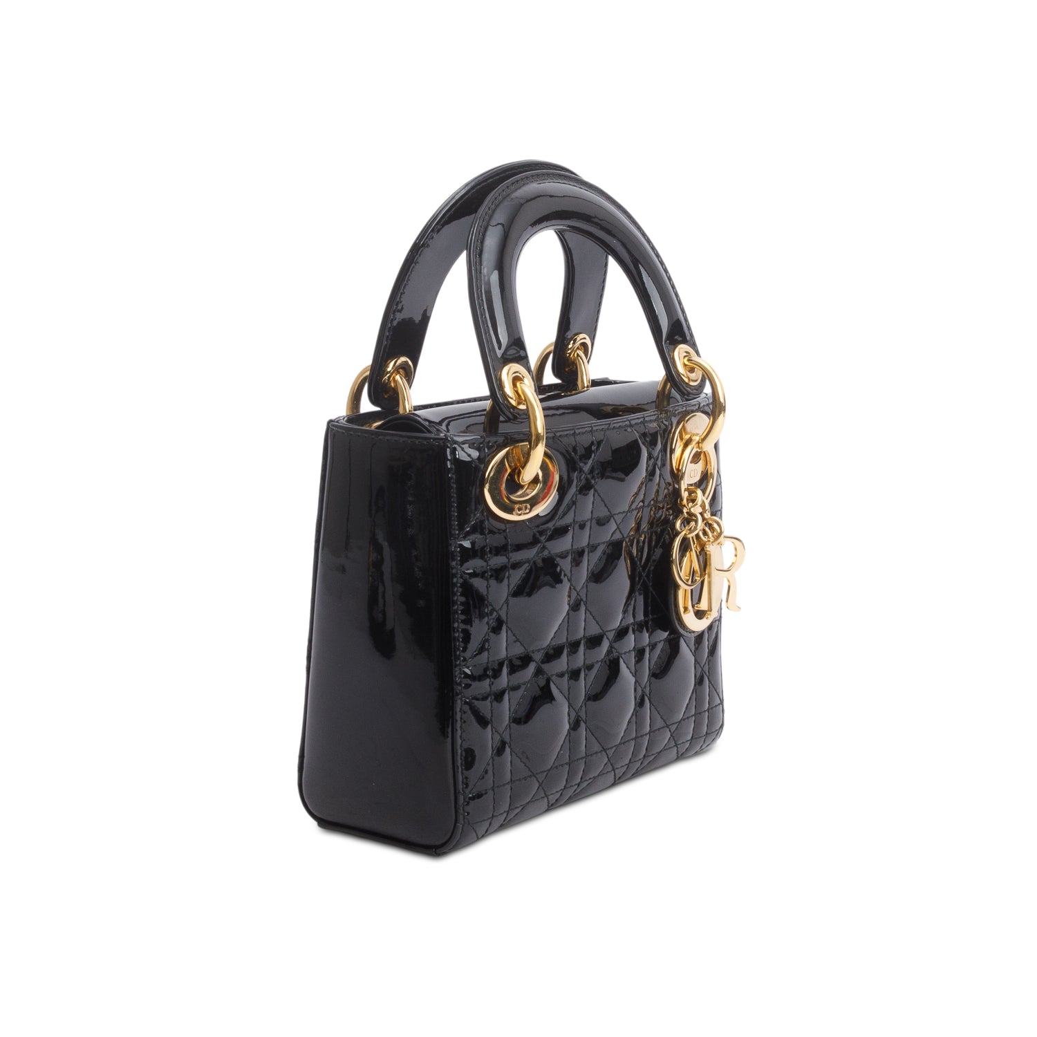 Christian Dior Black Cannage Patent Leather Mini Lady Dior Bag w/ Authenticity Card & Strap