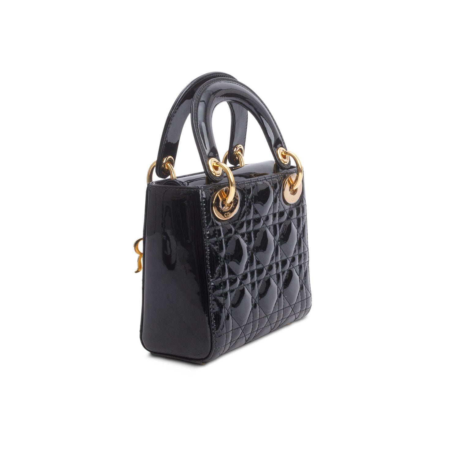 Christian Dior Black Cannage Patent Leather Mini Lady Dior Bag w/ Authenticity Card & Strap