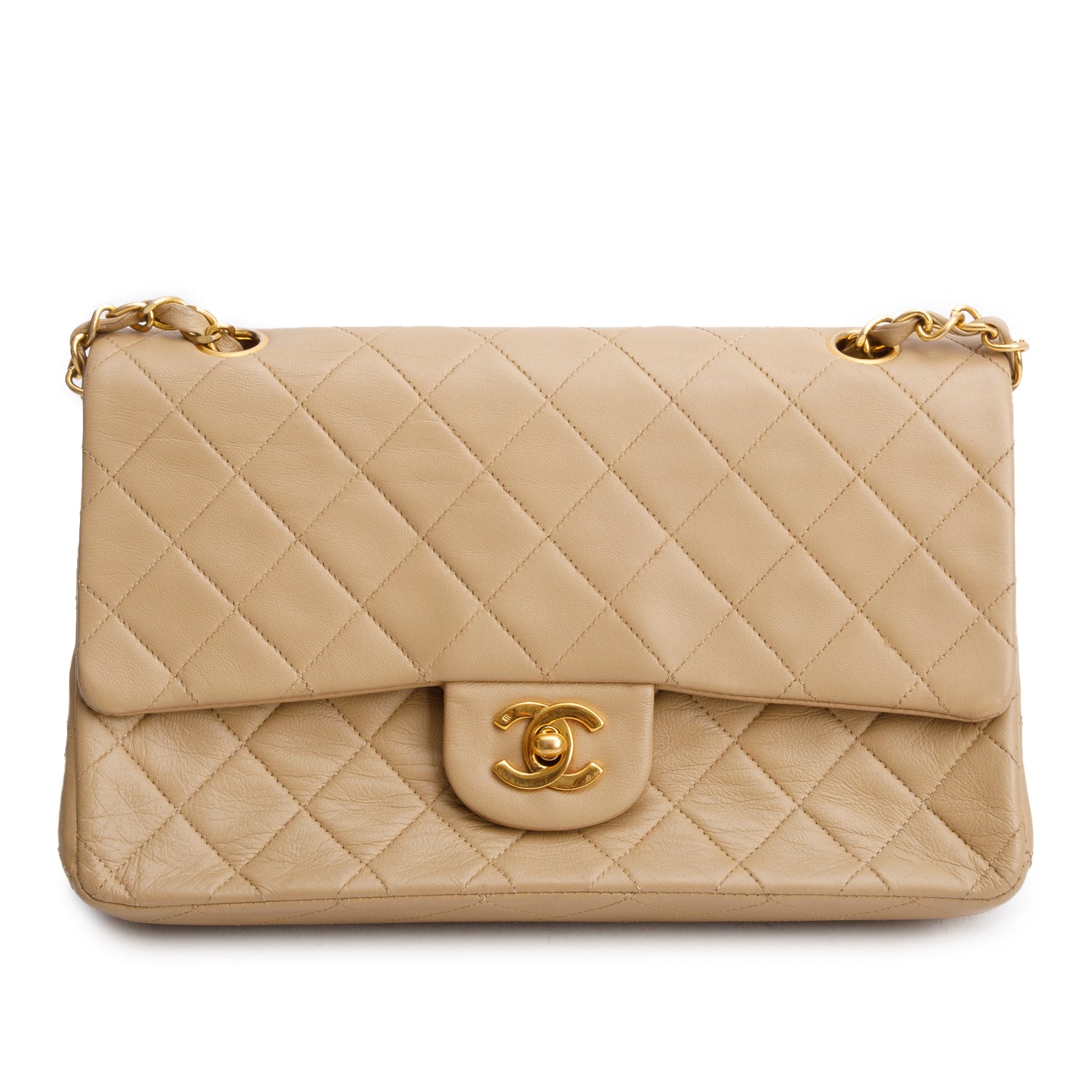 Chanel Vintage Beige Lambskin Quilted Medium Double Flap w/ Authenticity Card