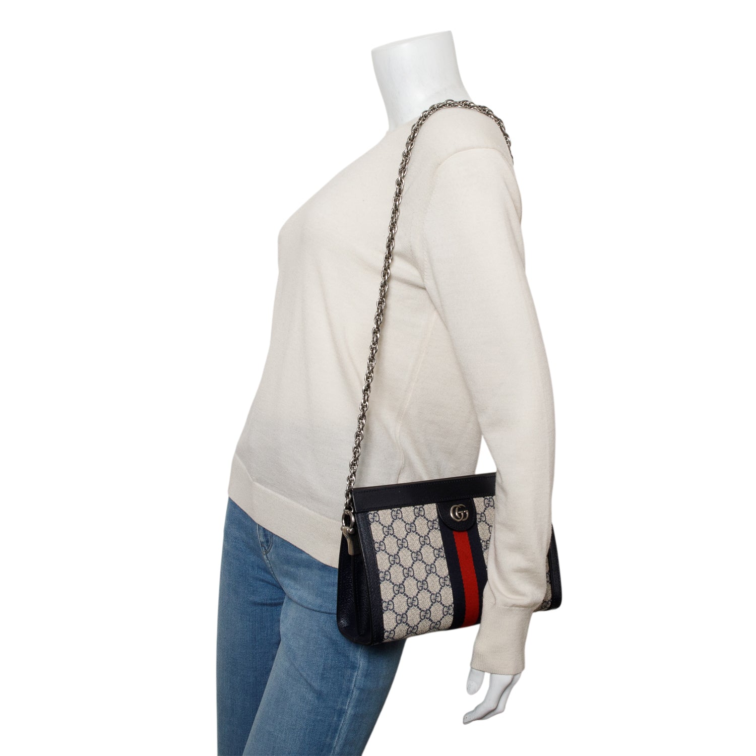 Gucci Black GG Supreme Monogram Textured Calfskin Web Medium Ophidia Chain Shoulder Bag w/ Box