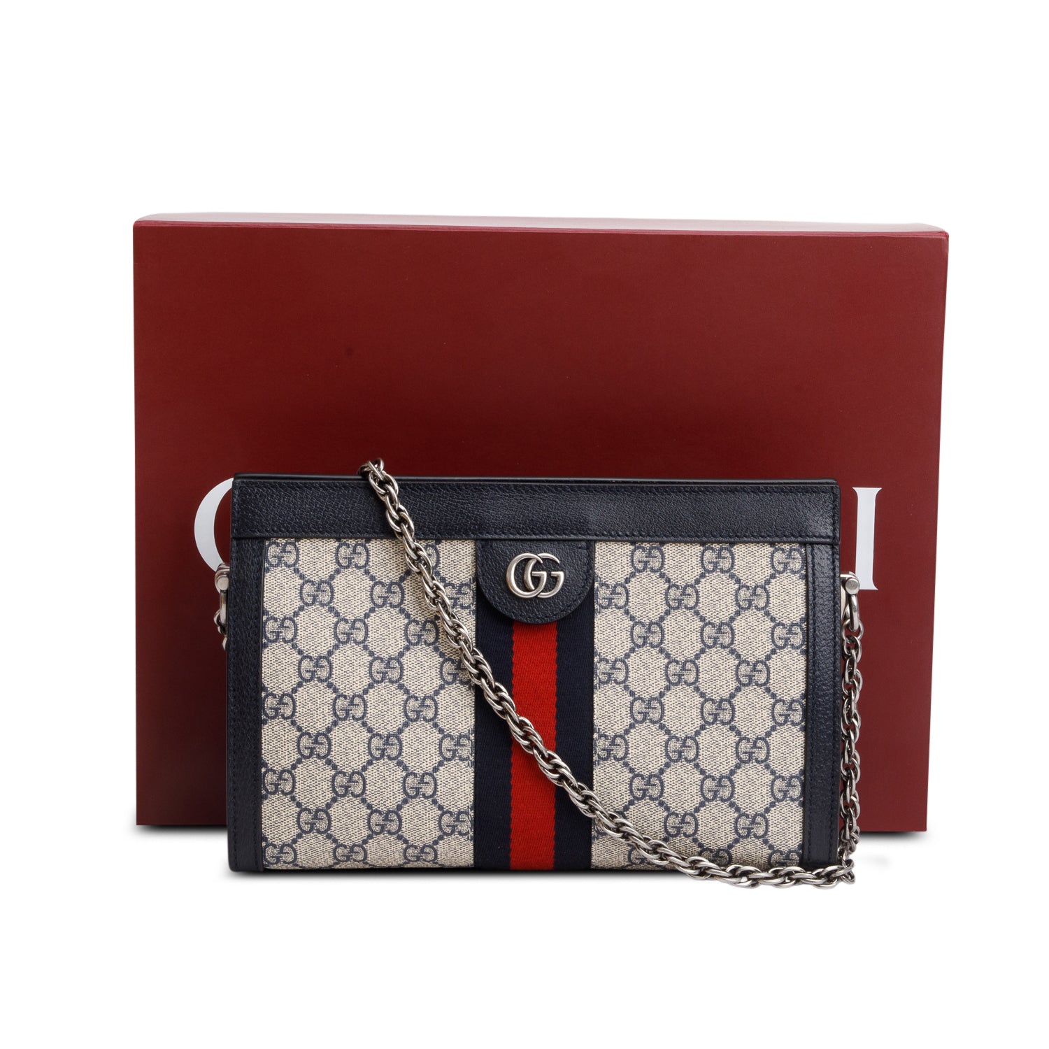 Gucci Black GG Supreme Monogram Textured Calfskin Web Medium Ophidia Chain Shoulder Bag w/ Box