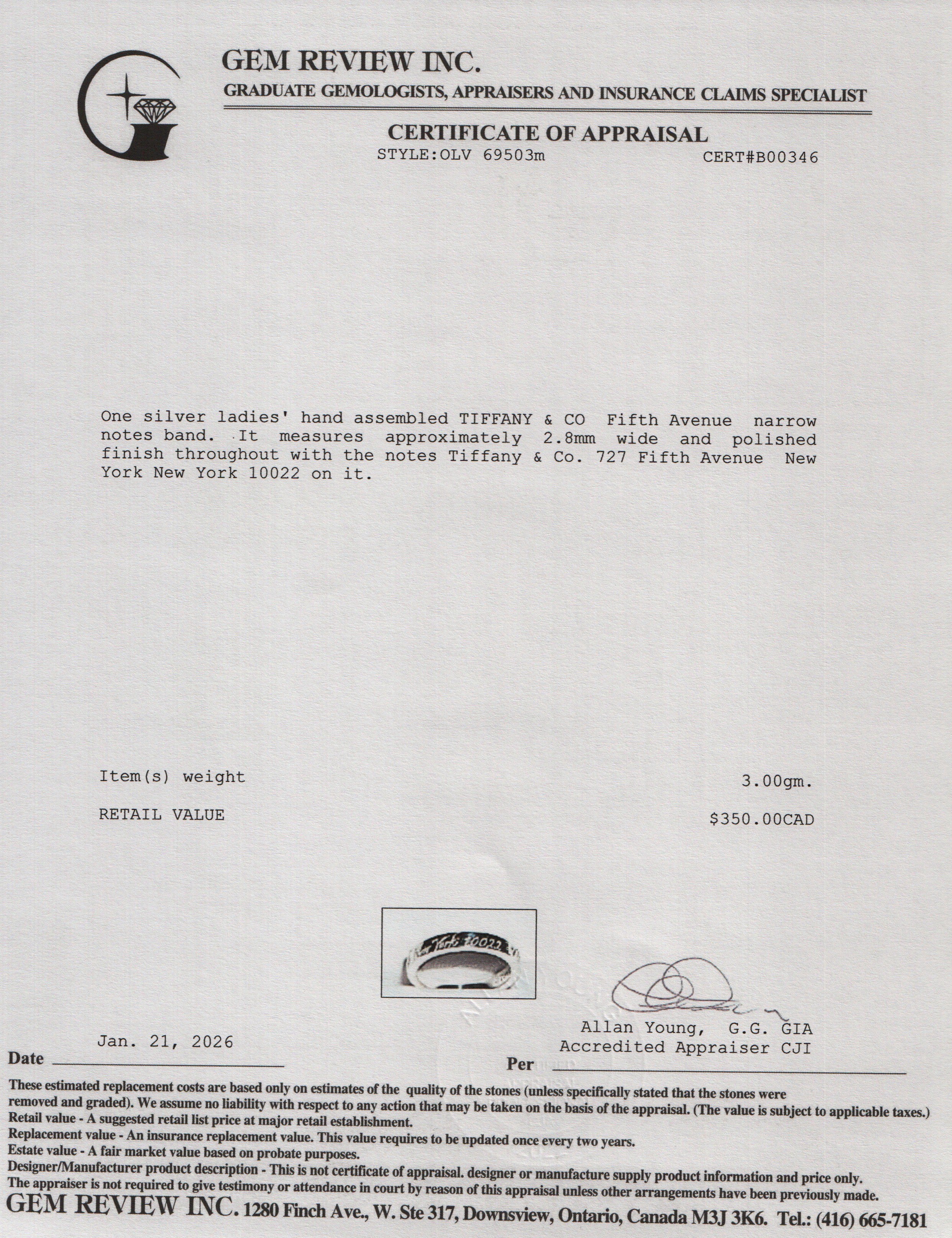 Tiffany & Co. Sterling Silver Fifth Ave Narrow Notes Band Ring, Size 4.75