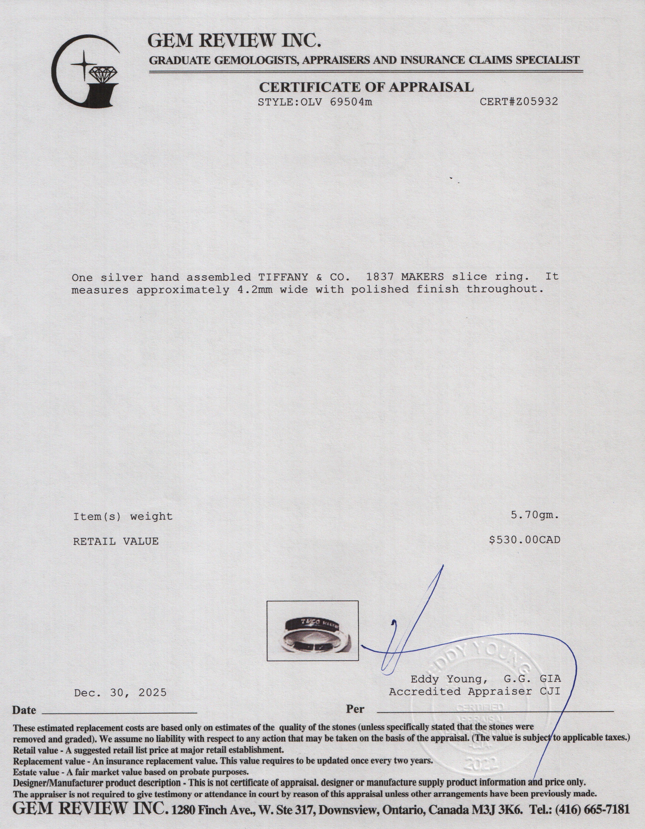 Tiffany & Co. Sterling Silver 1837 Makers Slice Ring, Size 7.5