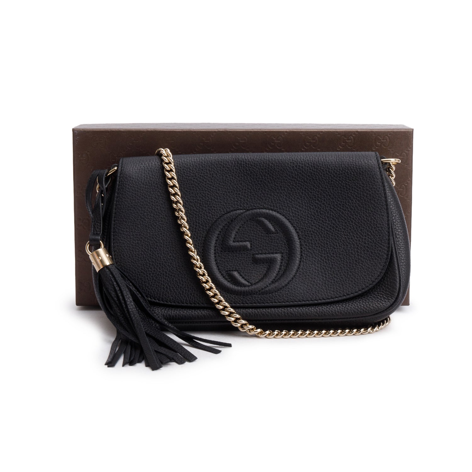 Gucci Black Pebbled Calfskin Medium Soho Chain Crossbody Bag w/ Box