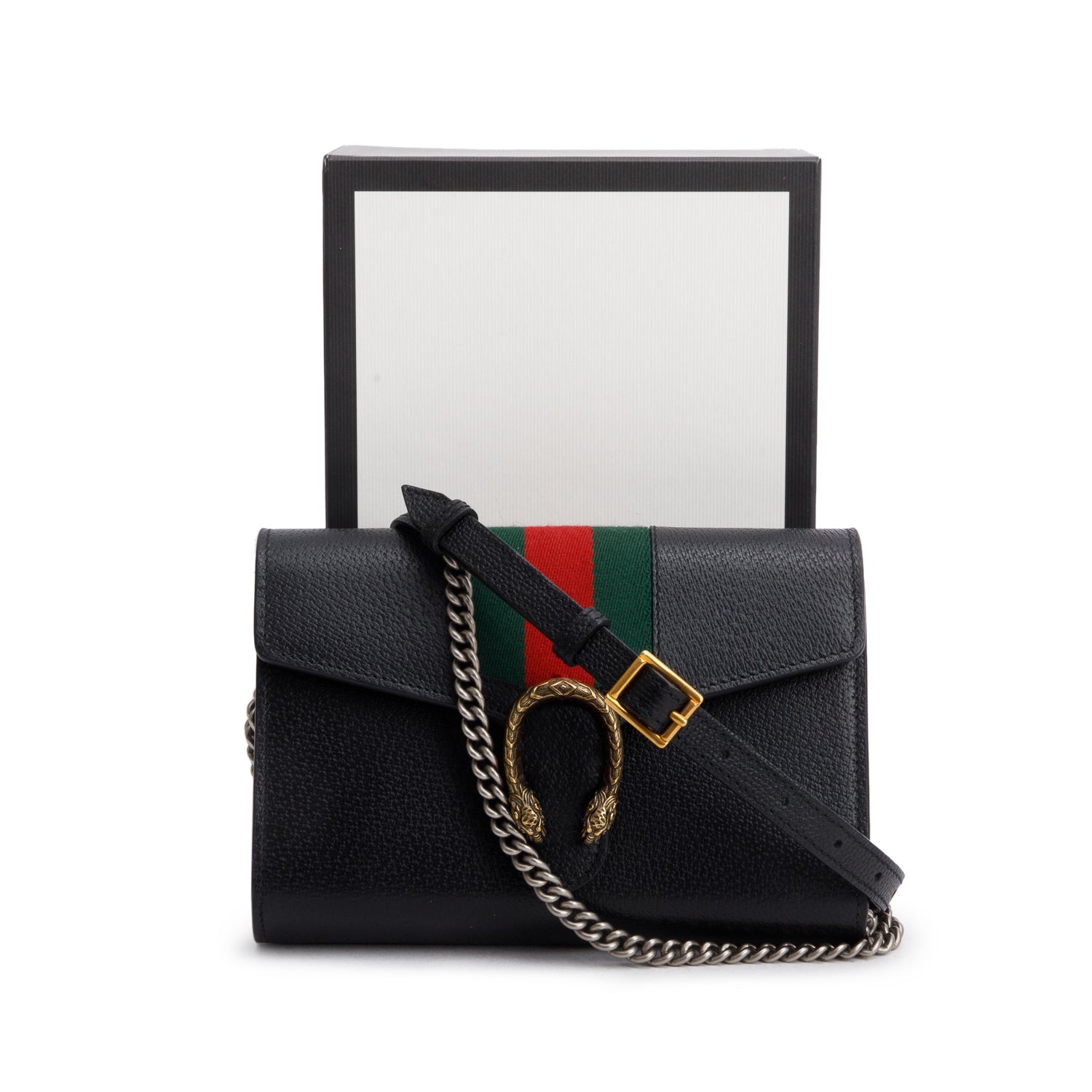 Gucci Black Calfskin Web Mini Dionysus Wallet on Chain w/ Box & Strap