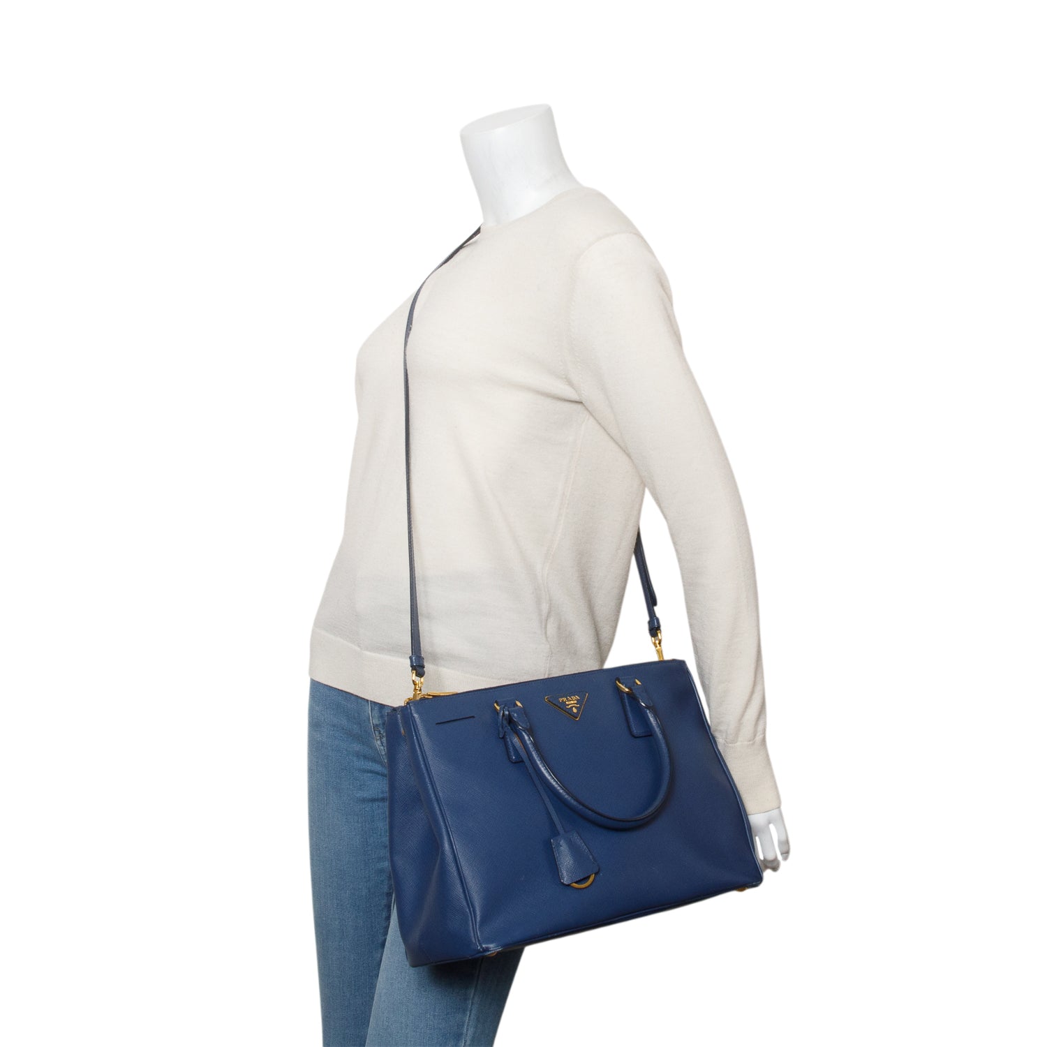 Prada Blue Saffiano Lux Medium Double Zip Galleria Tote w/ Strap
