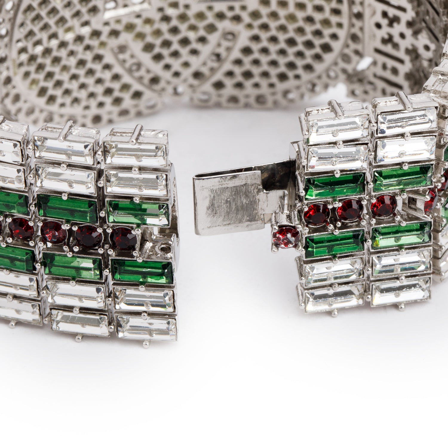 Gucci Silver Plated Crystal Web Double G Wide Bracelet