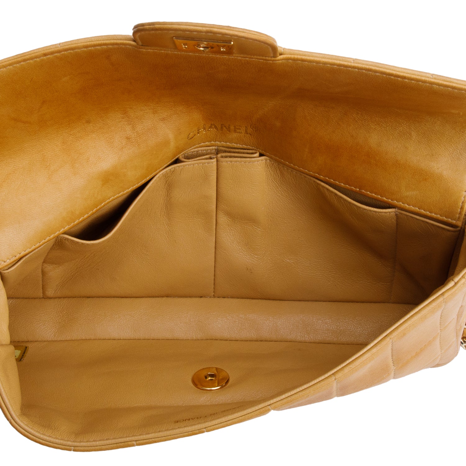 Chanel Tan Lambskin Quilted East West Chocolate Bar Flap Bag