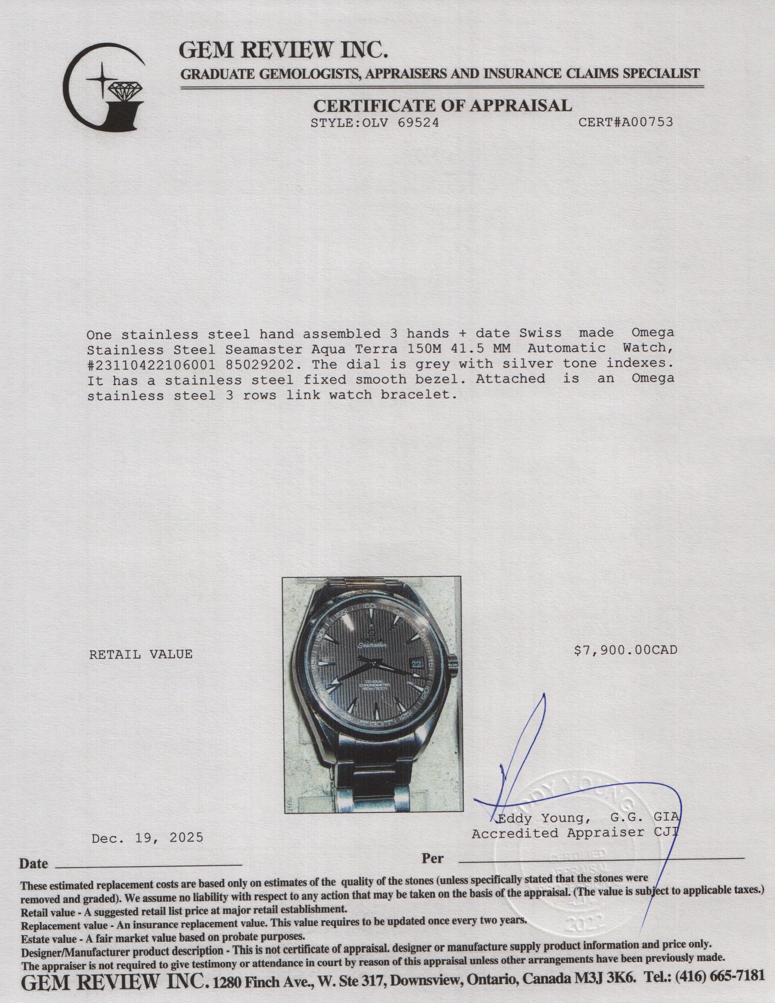 Omega Stainless Steel Seamaster Aqua Terra 150M 41.5 MM Automatic Watch Grey Dial w/ Box & Papers