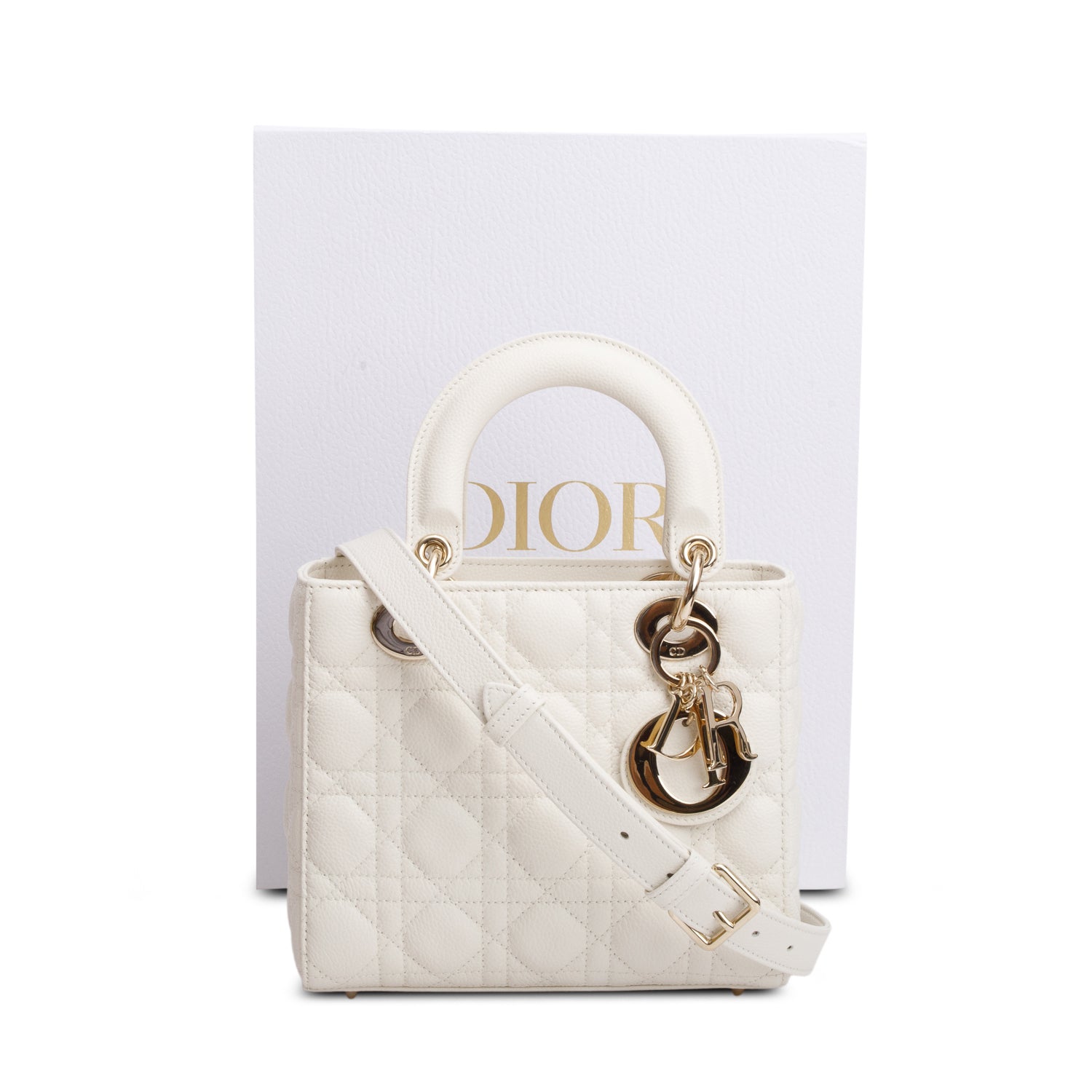 Christian Dior 2024 White Grained Cannage Calfskin Leather Small Lady Dior Bag w/ Box & Strap