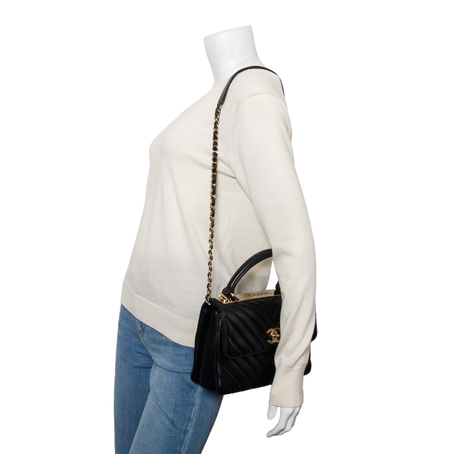 Chanel Black Chevron Lambskin Trendy CC Small Top Handle Flap Bag w/ Box & Authenticity Card