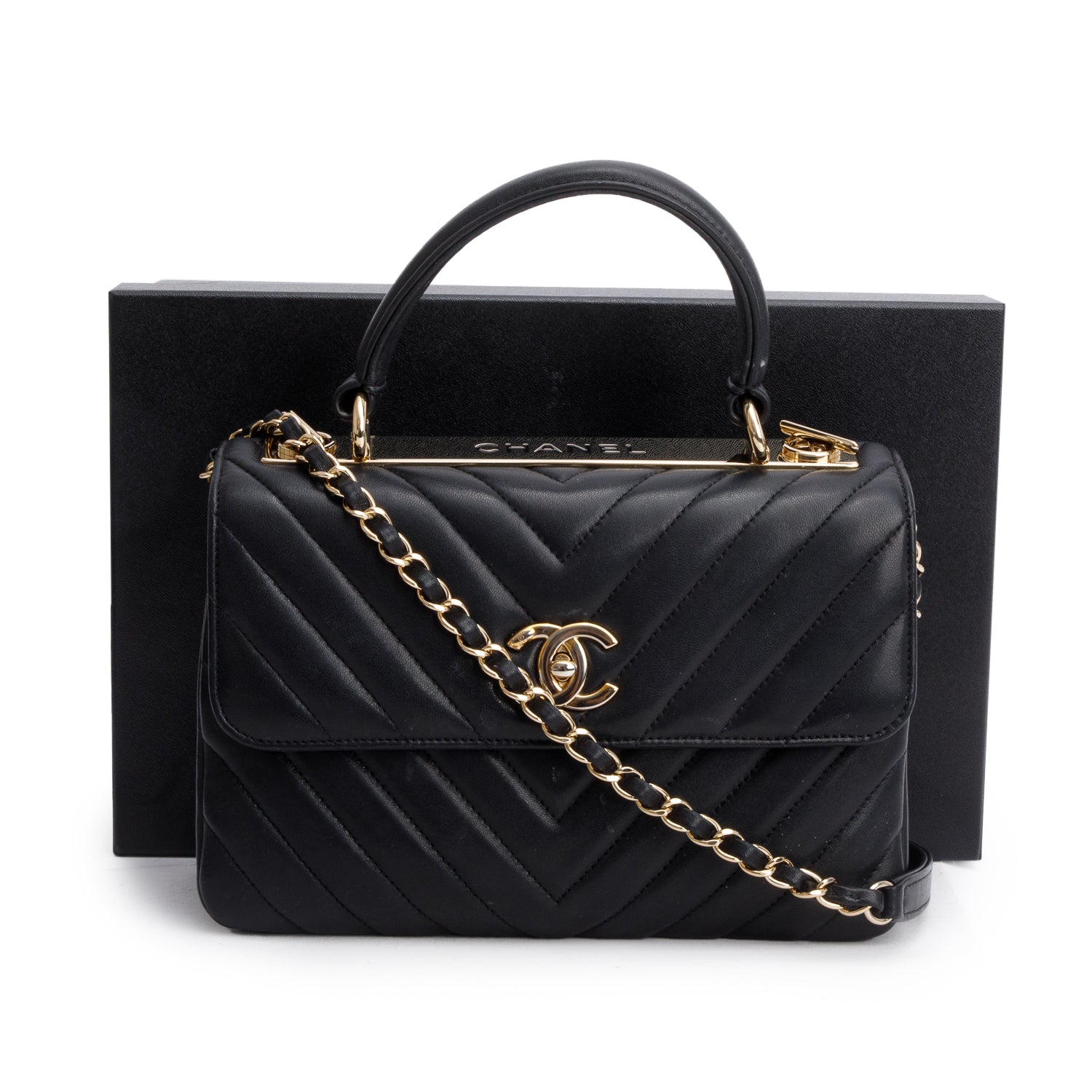 Chanel Black Chevron Lambskin Trendy CC Small Top Handle Flap Bag w/ Box & Authenticity Card