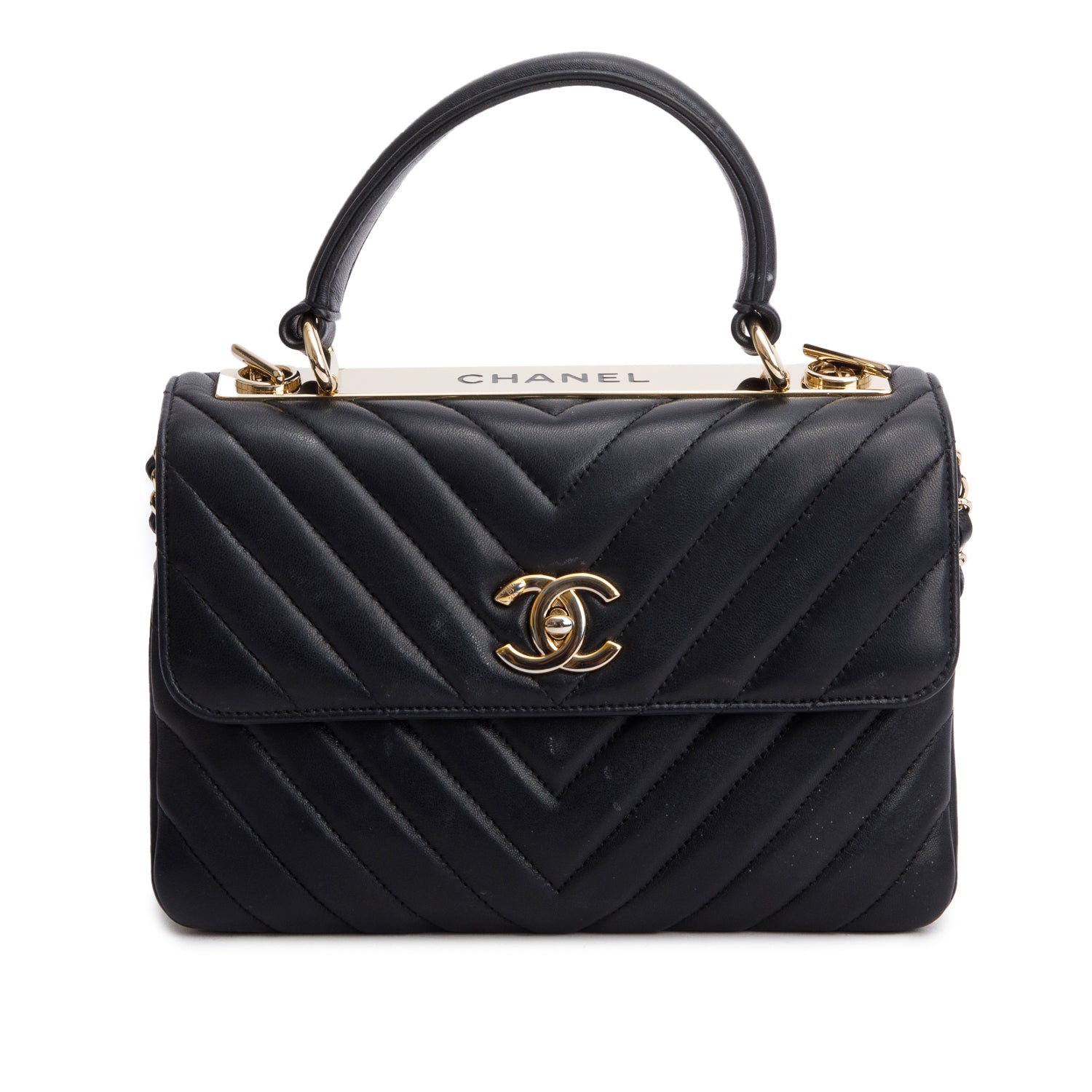 Chanel Black Chevron Lambskin Trendy CC Small Top Handle Flap Bag w/ Box & Authenticity Card