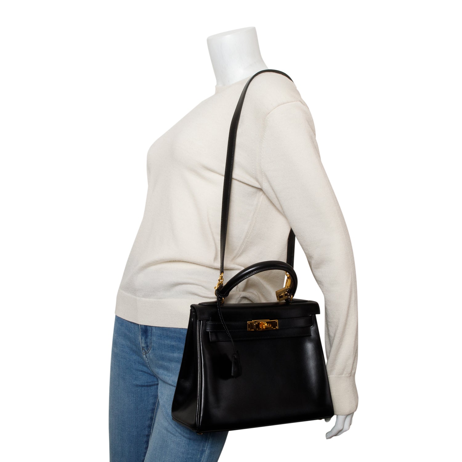 Hermes Vintage Noir Box Leather Kelly Retourne 28 w/ Strap