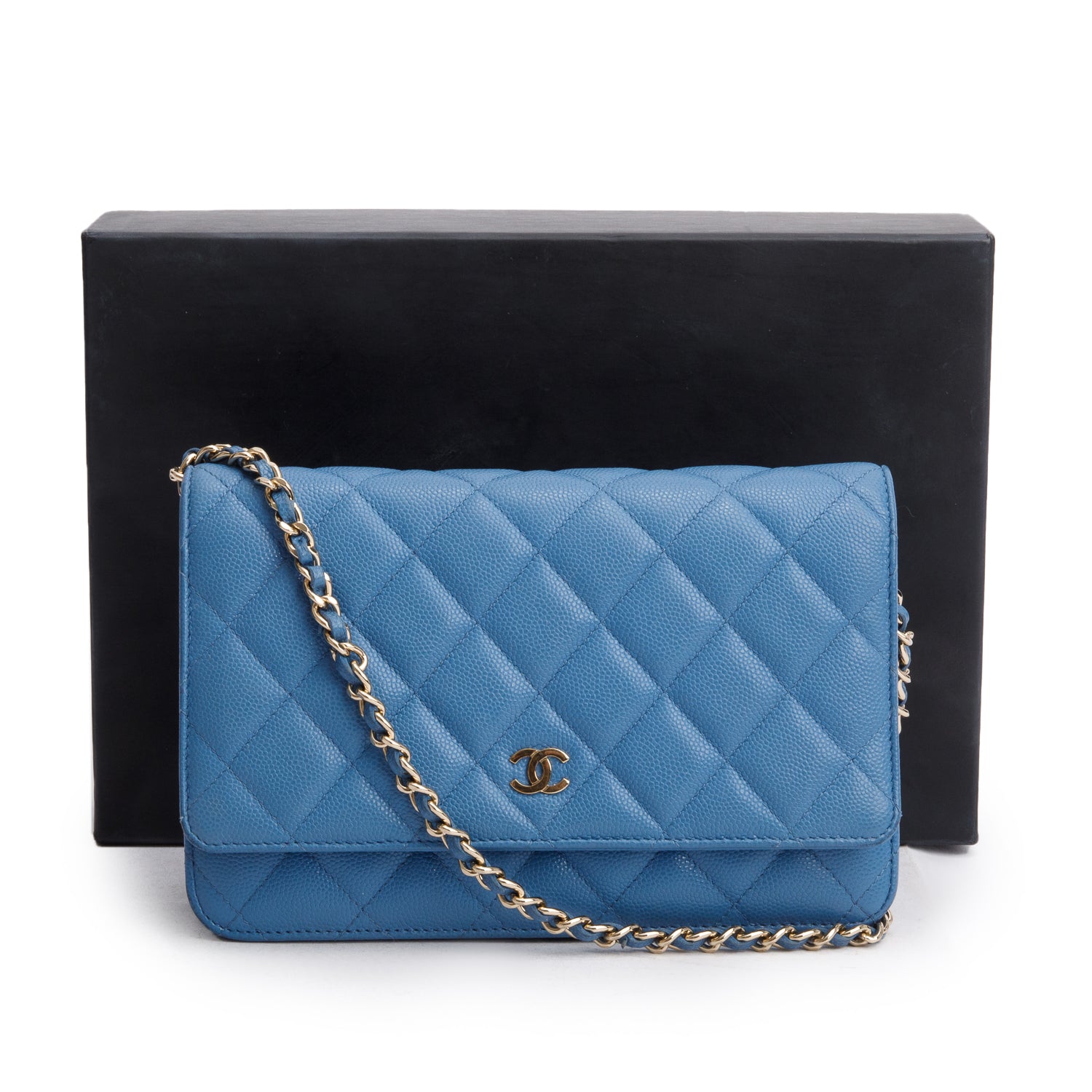 Chanel 2020 Blue Quilted Caviar Leather Classic Wallet on Chain w/ Box & Authenticity Card