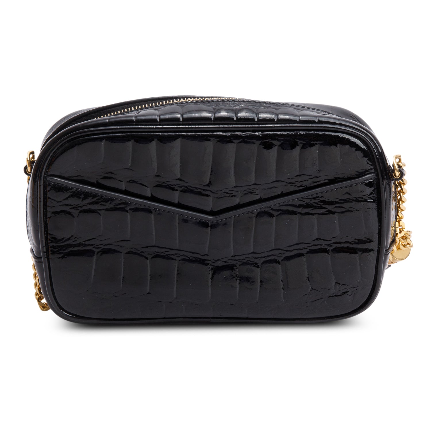 Saint Laurent 2022 Black Croc Embossed Patent Leather Mini Lou Camera Bag w/ Box
