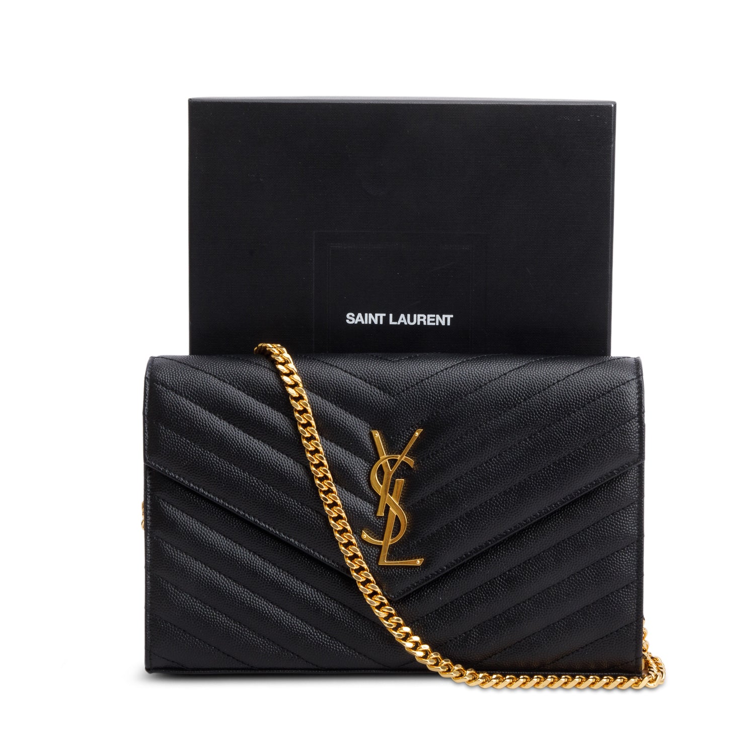 Saint Laurent 2022 Black Grain De Poudre Cassandre Envelope Chain Wallet w/ Box