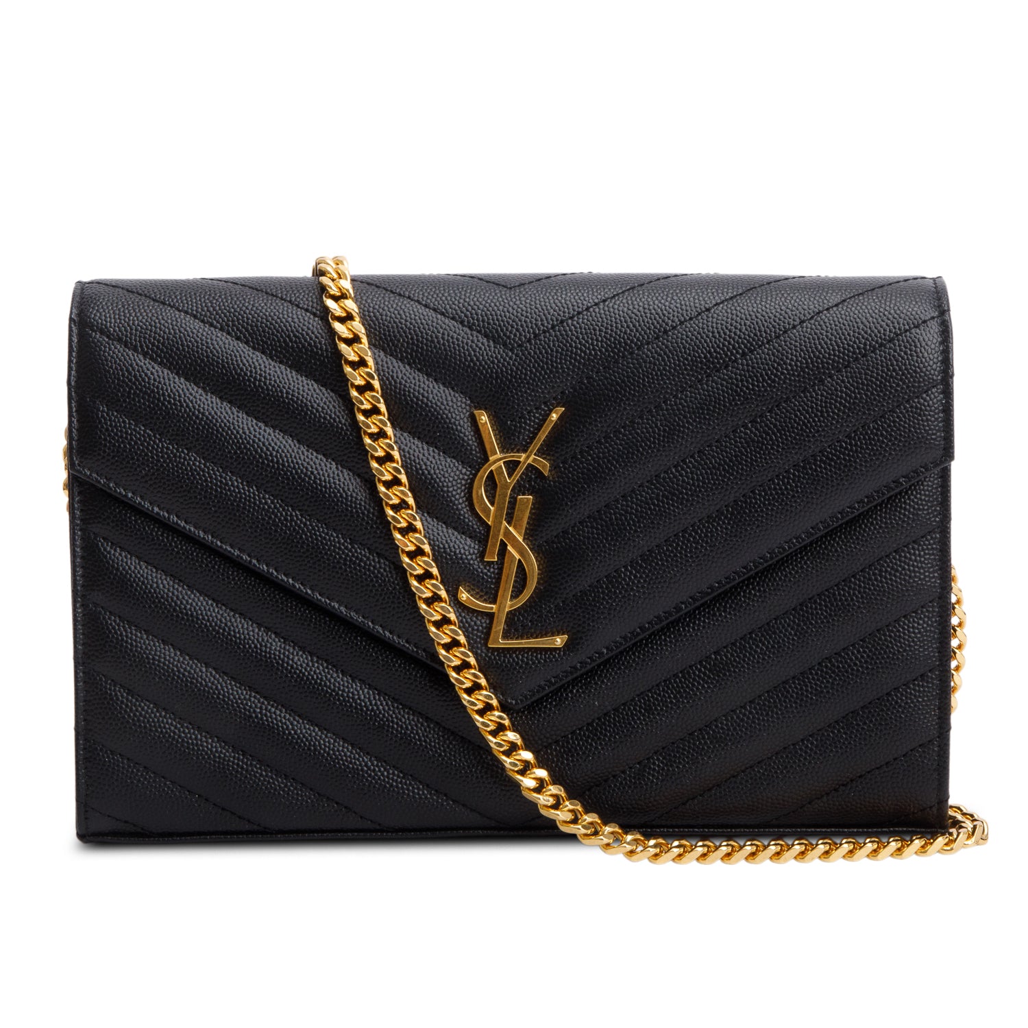 Saint Laurent 2022 Black Grain De Poudre Cassandre Envelope Chain Wallet w/ Box
