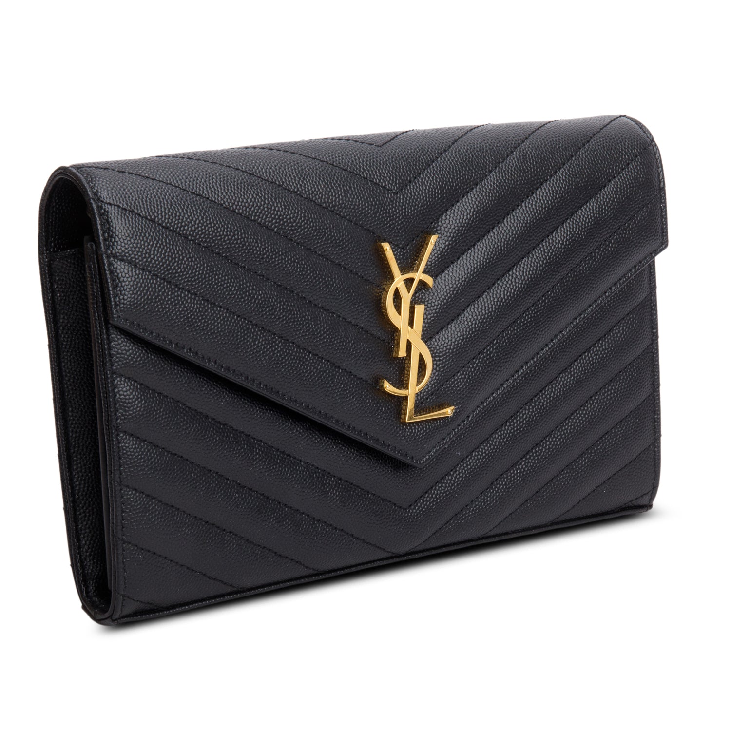 Saint Laurent 2022 Black Grain De Poudre Cassandre Envelope Chain Wallet w/ Box