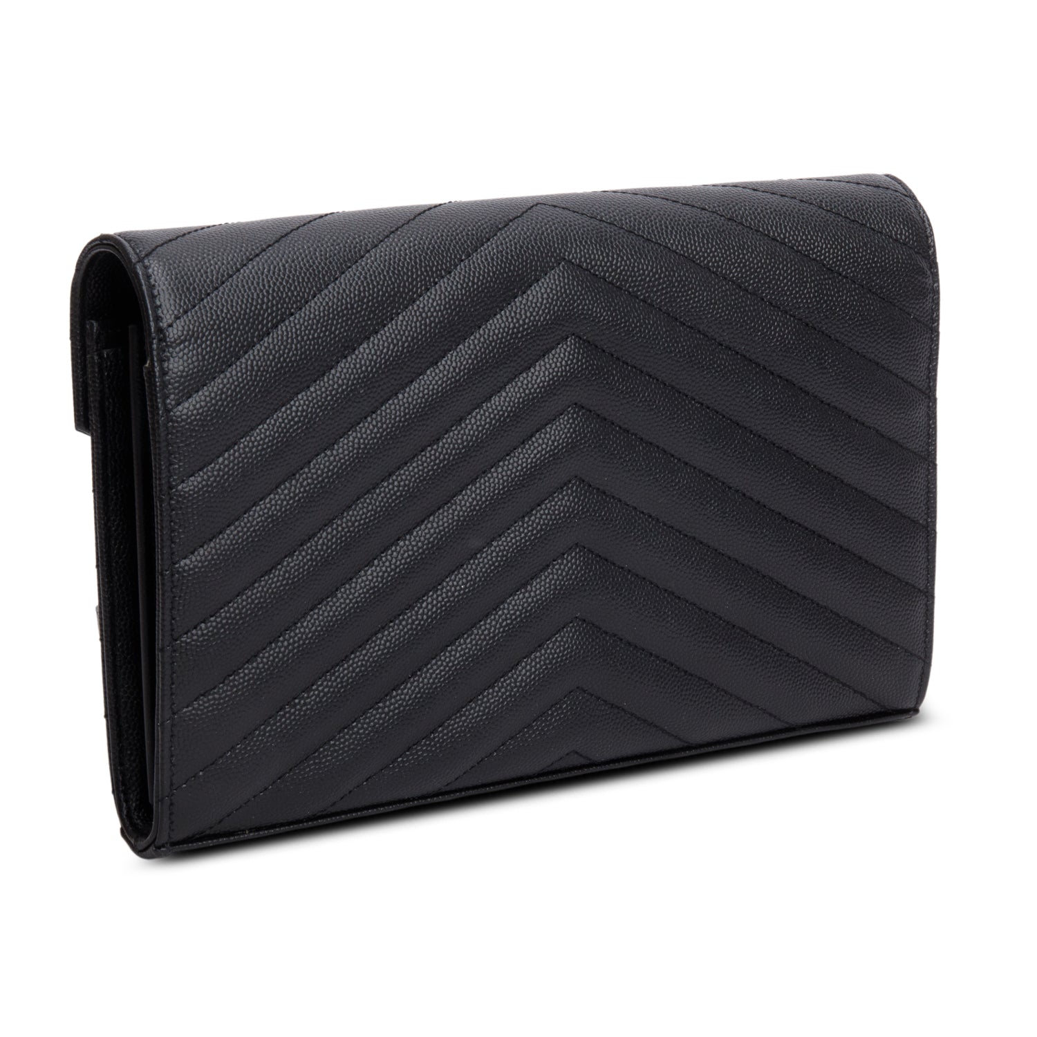 Saint Laurent 2022 Black Grain De Poudre Cassandre Envelope Chain Wallet w/ Box
