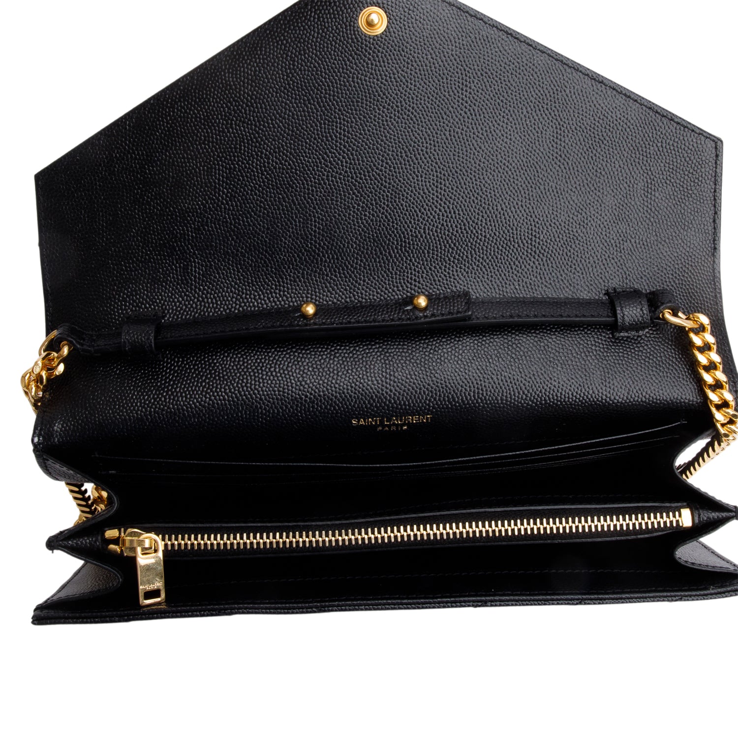 Saint Laurent 2022 Black Grain De Poudre Cassandre Envelope Chain Wallet w/ Box