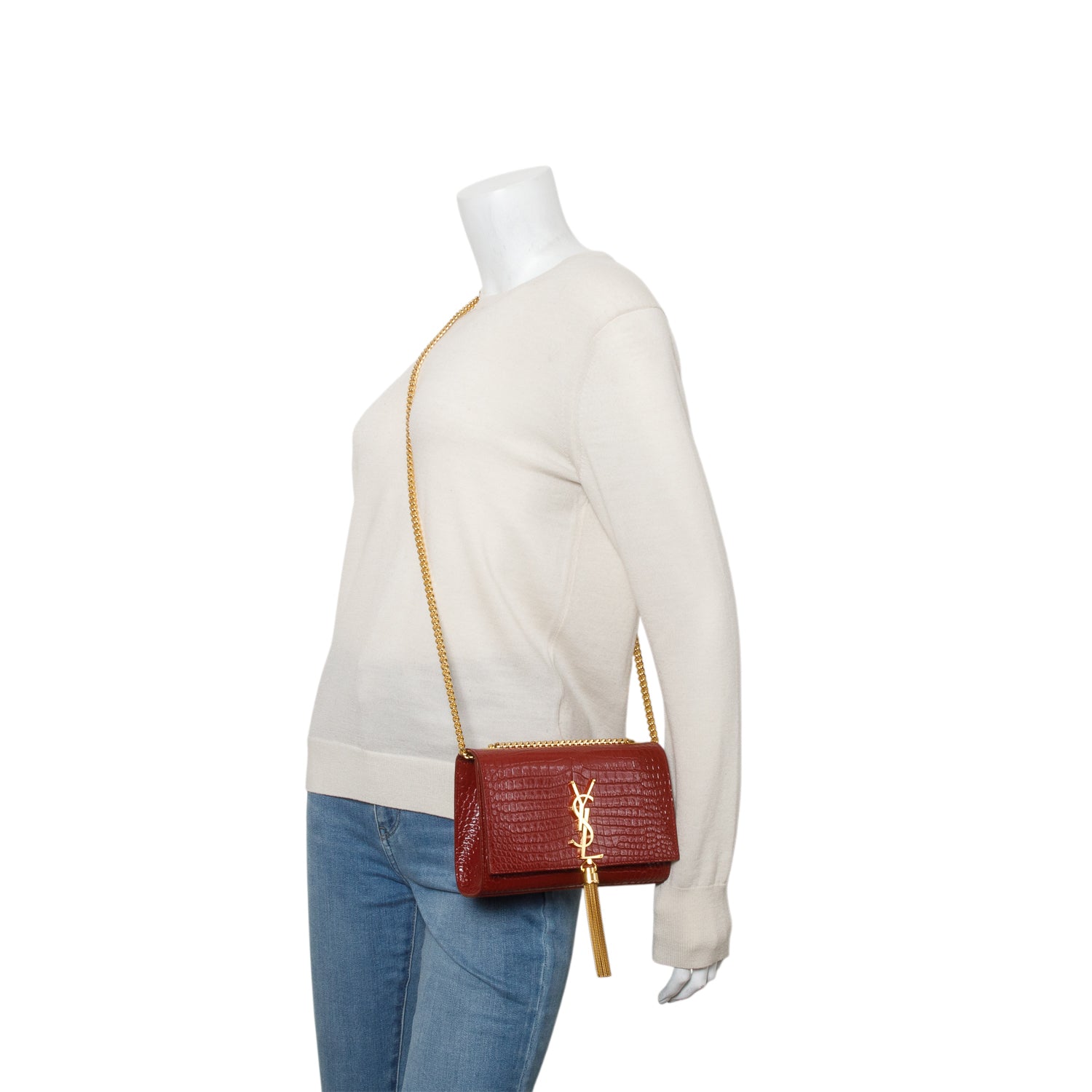 Saint Laurent 2020 Red Croc-Embossed Leather Small Classic Monogram Kate Tassel Chain Bag