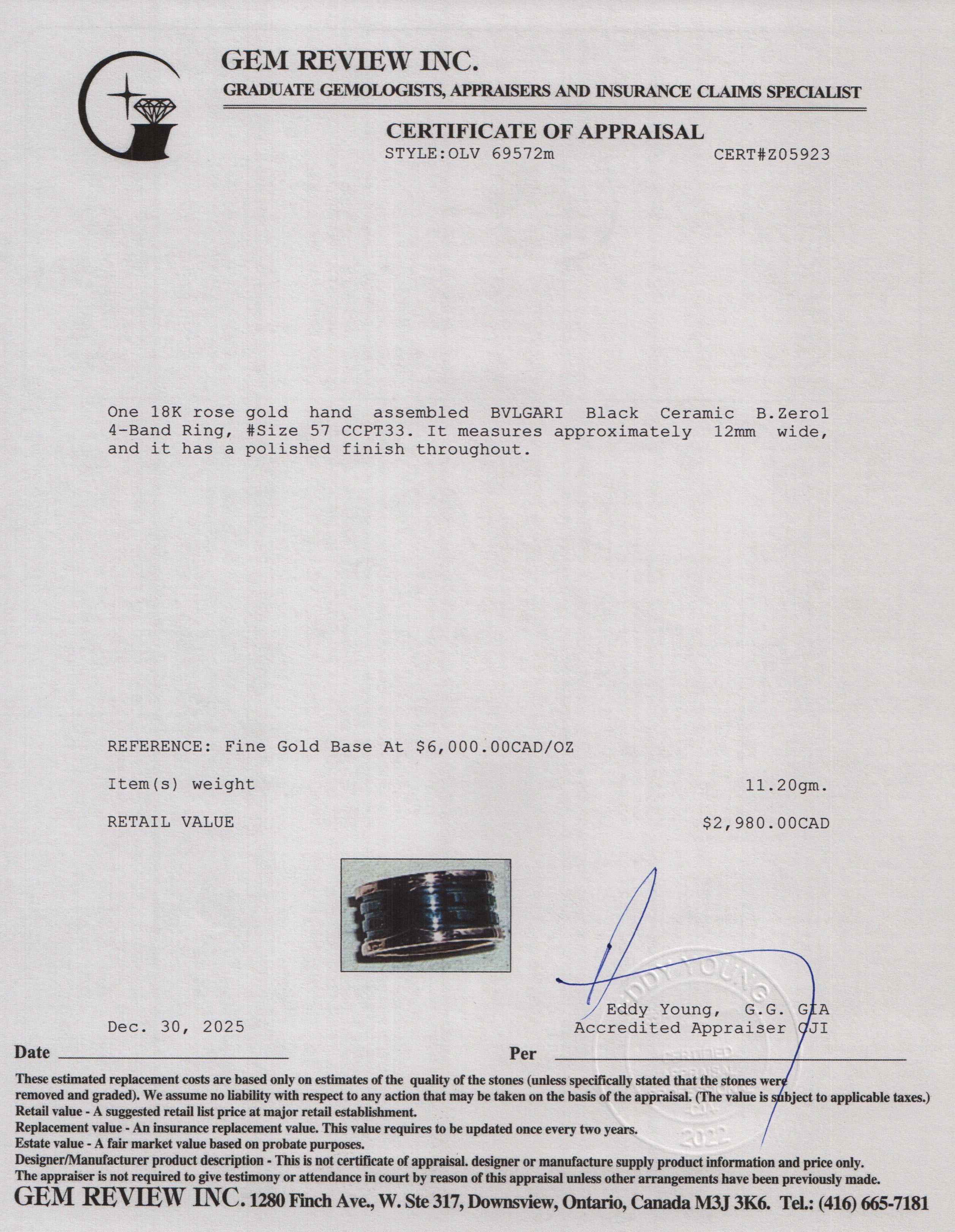 BVLGARI 18k Rose Gold & Black Ceramic B.Zero1 4-Band Ring, Size 57 7.75 w/ Box