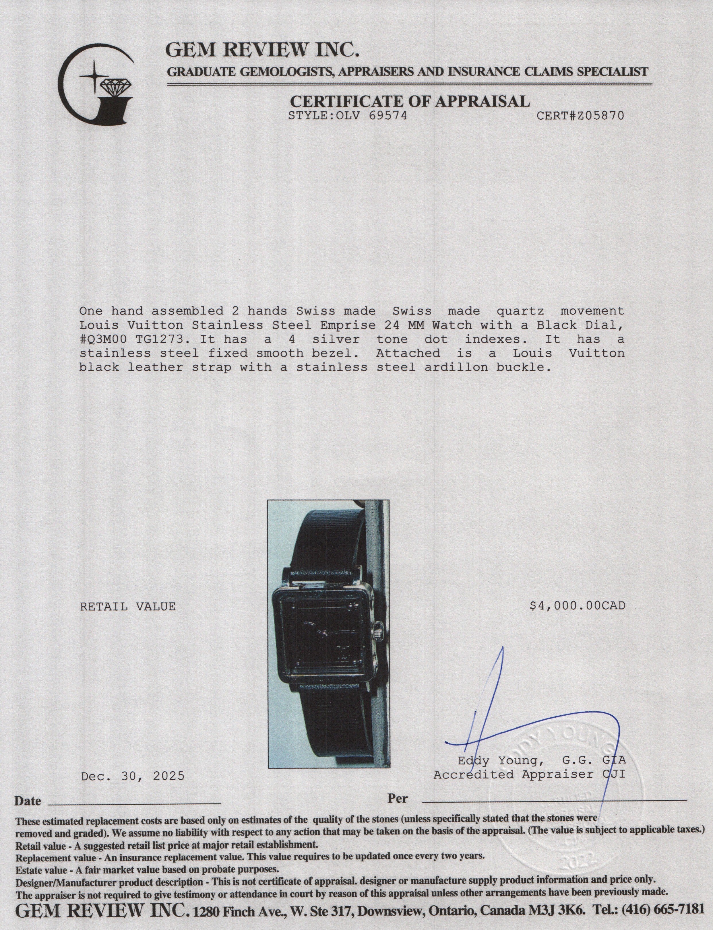 Louis Vuitton Stainless Steel Emprise 24 MM Watch Black Dial Q3M00