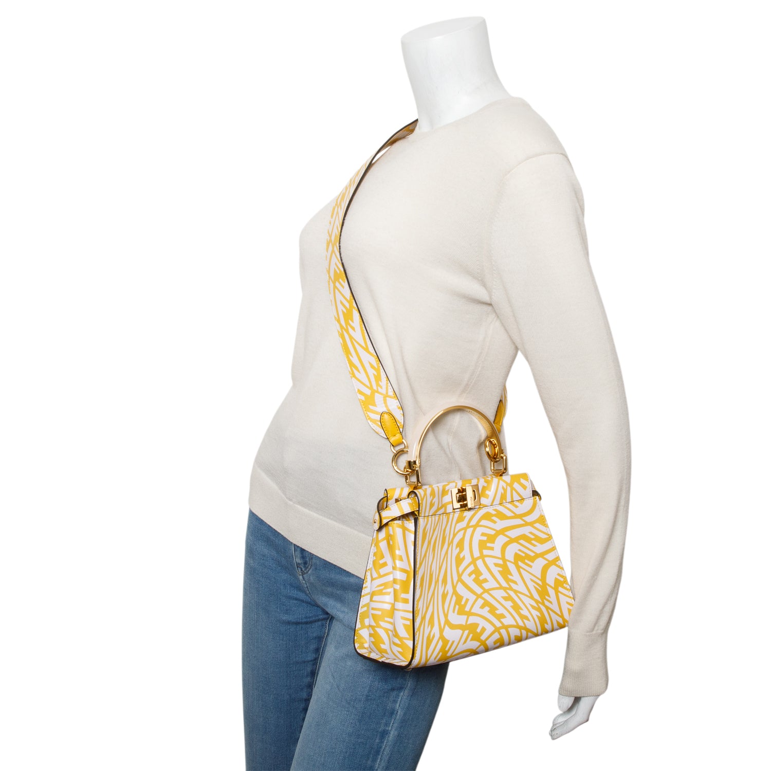 Fendi 2021 Yellow/White Vitello Libery Shiny Nappa Plexiglass FF Vertigo Mini Peekaboo Iconic Satchel w/ Strap