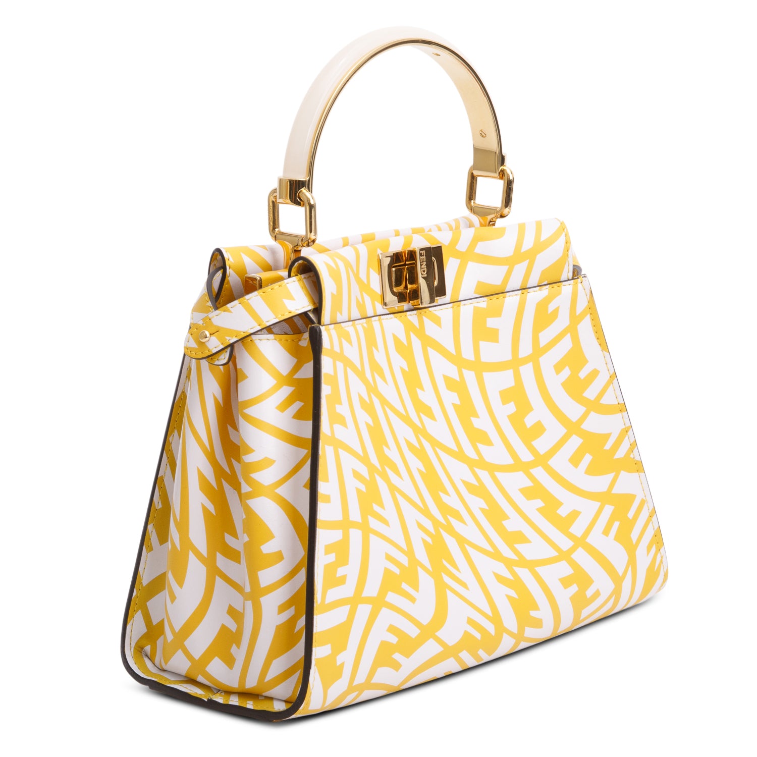 Fendi 2021 Yellow/White Vitello Libery Shiny Nappa Plexiglass FF Vertigo Mini Peekaboo Iconic Satchel w/ Strap