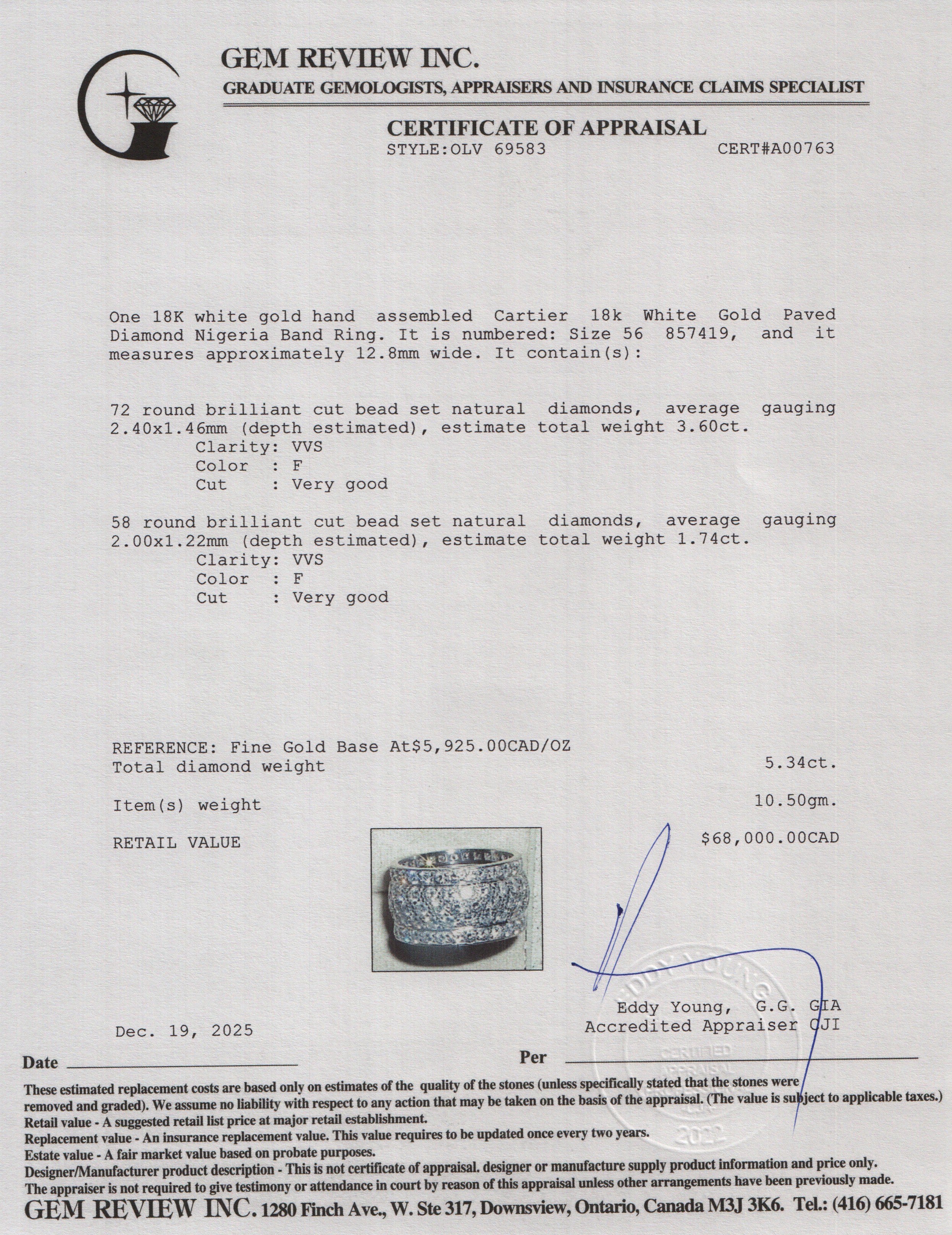 Cartier 18k White Gold Paved Diamond Nigeria Band Ring, Size 56 8 w/ Box