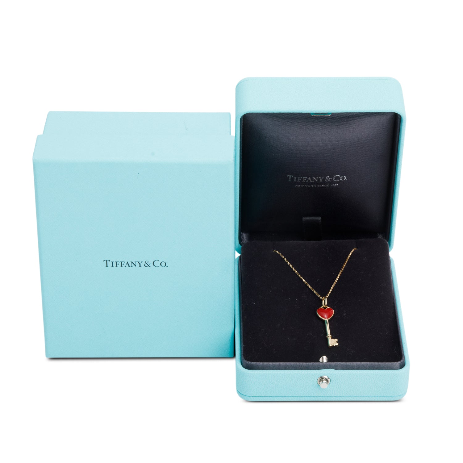 Tiffany & Co. 18k Yellow Gold Red Enamel Mini Heart Key Pendant Necklace w/ Box