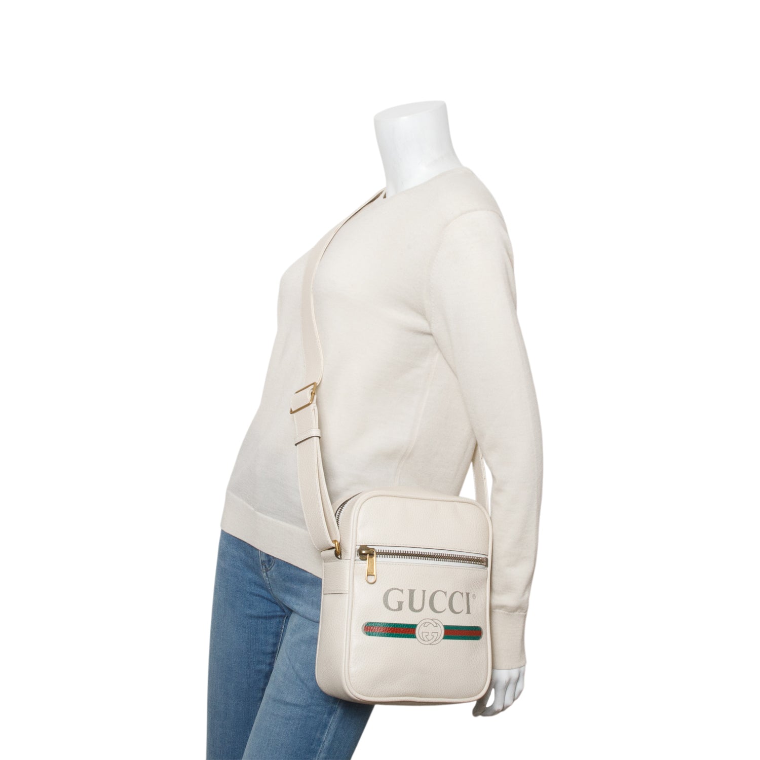 Gucci Cream Grained Calfskin Logo Messenger Bag