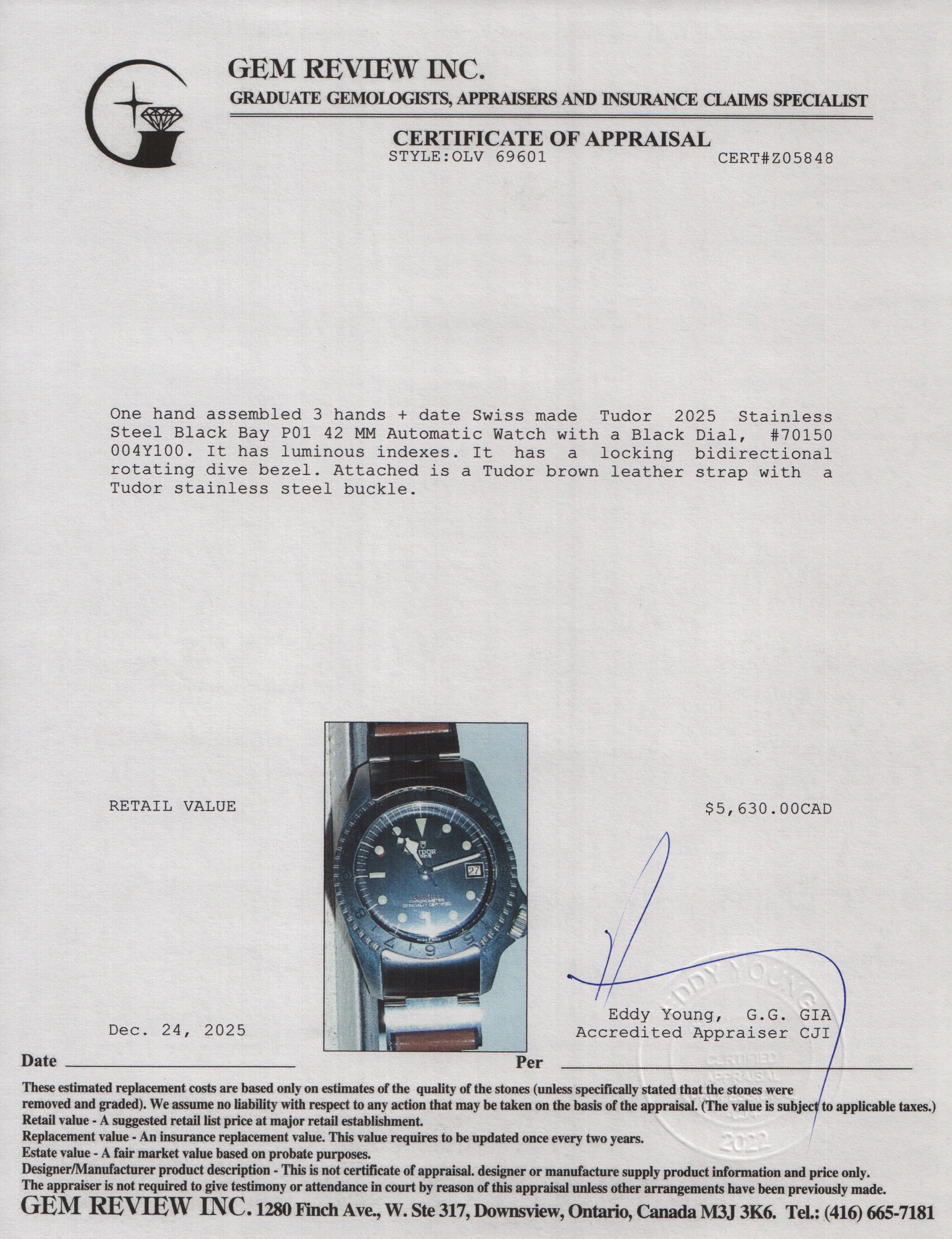 Tudor 2025 Stainless Steel Black Bay P01 42 MM Automatic Watch Black Dial 70150 w/ Box & Papers