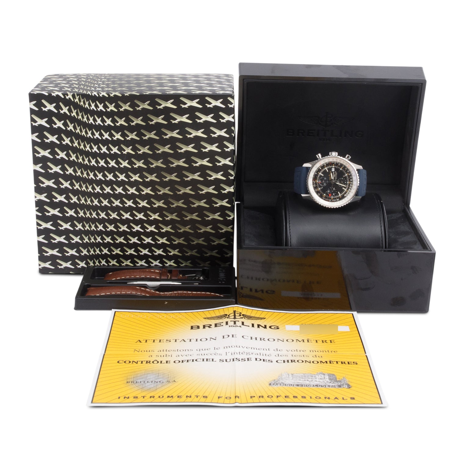 Breitling Stainless Steel Navitimer World GMT 46 MM Chronograph Automatic Watch Black Dial A24322 w/ Box, Papers & Extra Straps