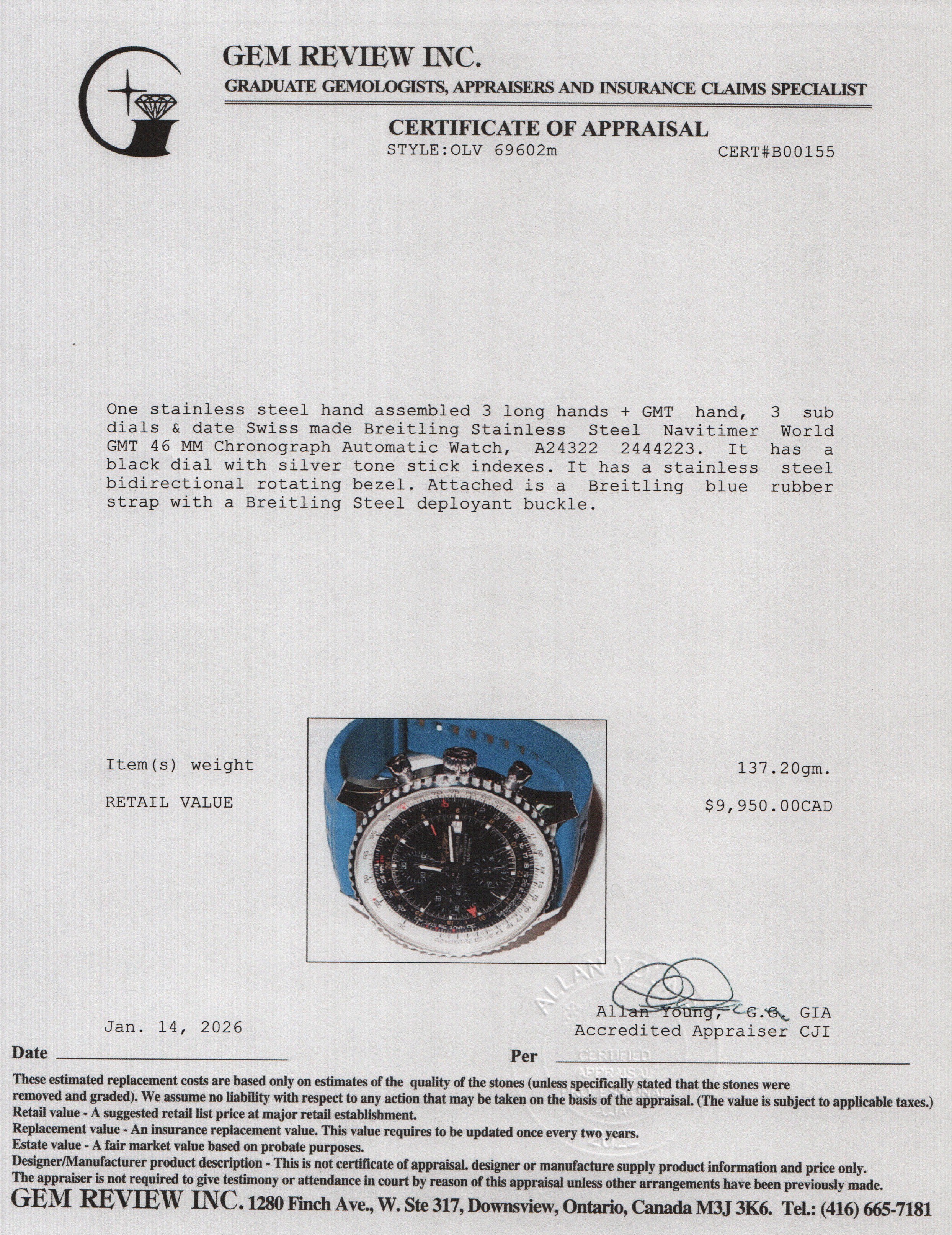 Breitling Stainless Steel Navitimer World GMT 46 MM Chronograph Automatic Watch Black Dial A24322 w/ Box, Papers & Extra Straps