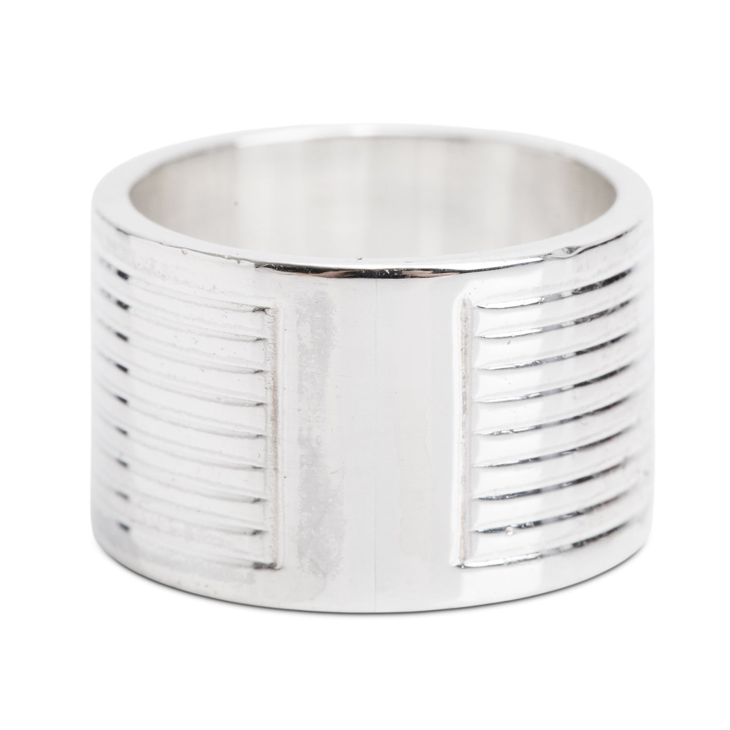 Gucci Sterling Silver Trademark 12 MM Wide Striped Band Ring, Size 6