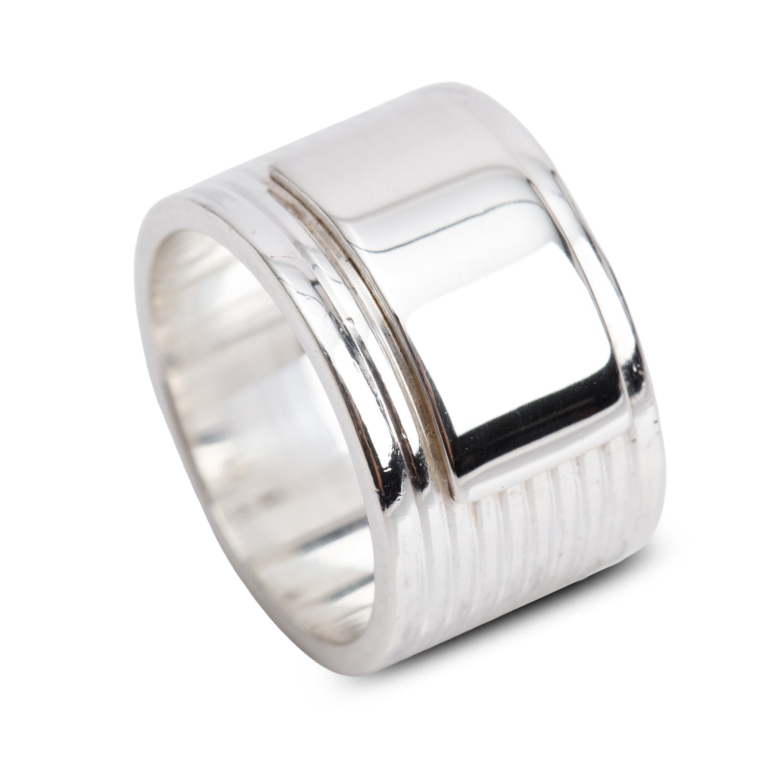 Gucci Sterling Silver Trademark 12 MM Wide Striped Band Ring, Size 6